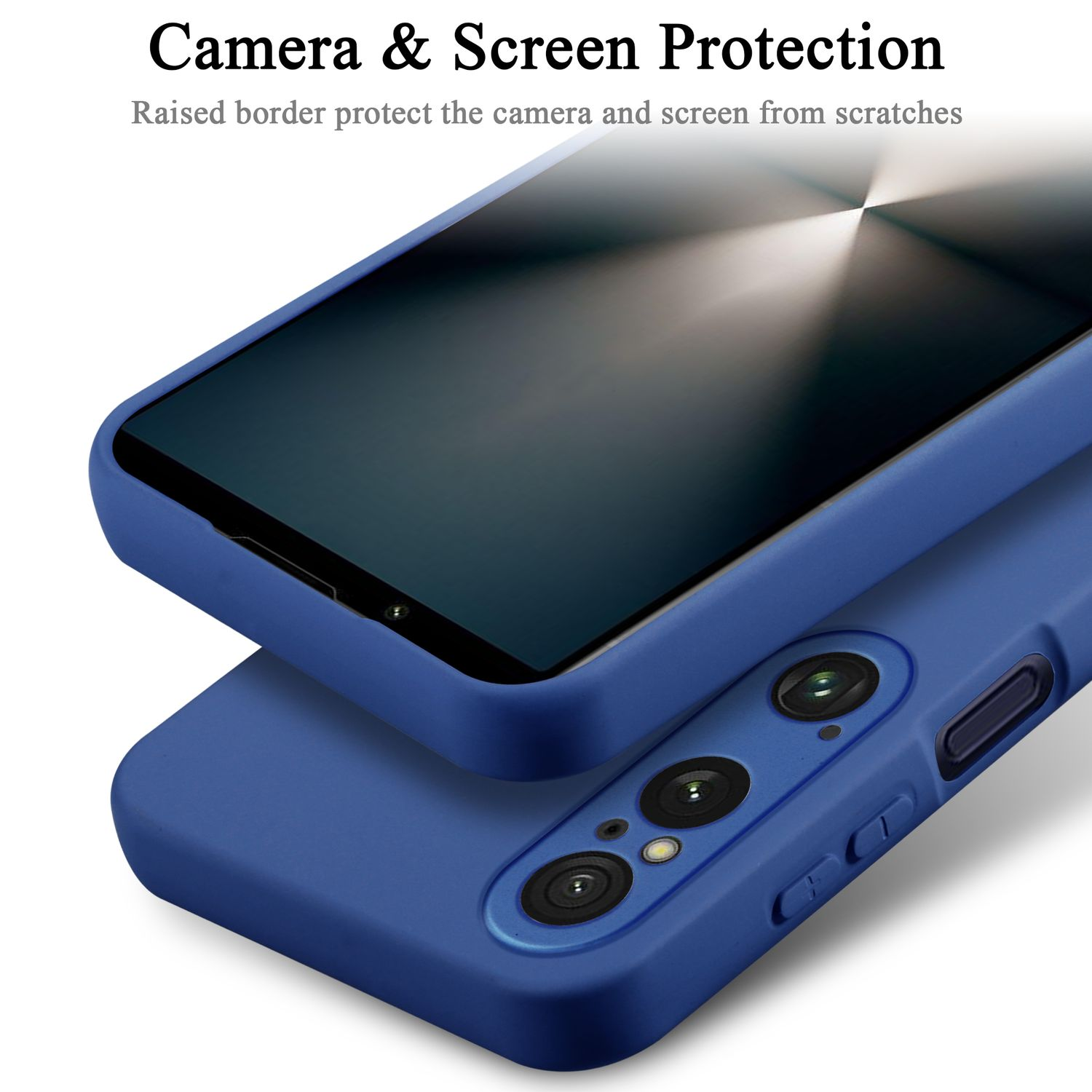 Una custodia blu che copre un telefono, mostrando la protezione della fotocamera e dello schermo.