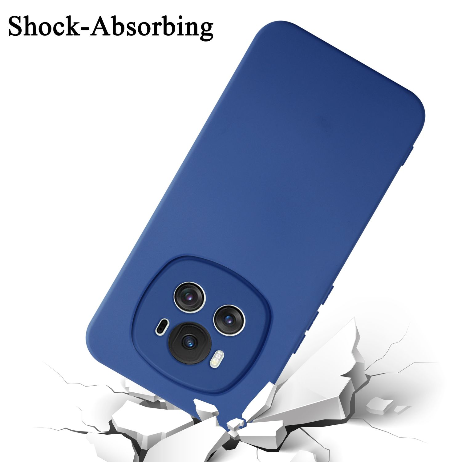 Eine blaue Handyhülle mit zerbrochener Oberfläche, die Stoßabsorption zeigt.