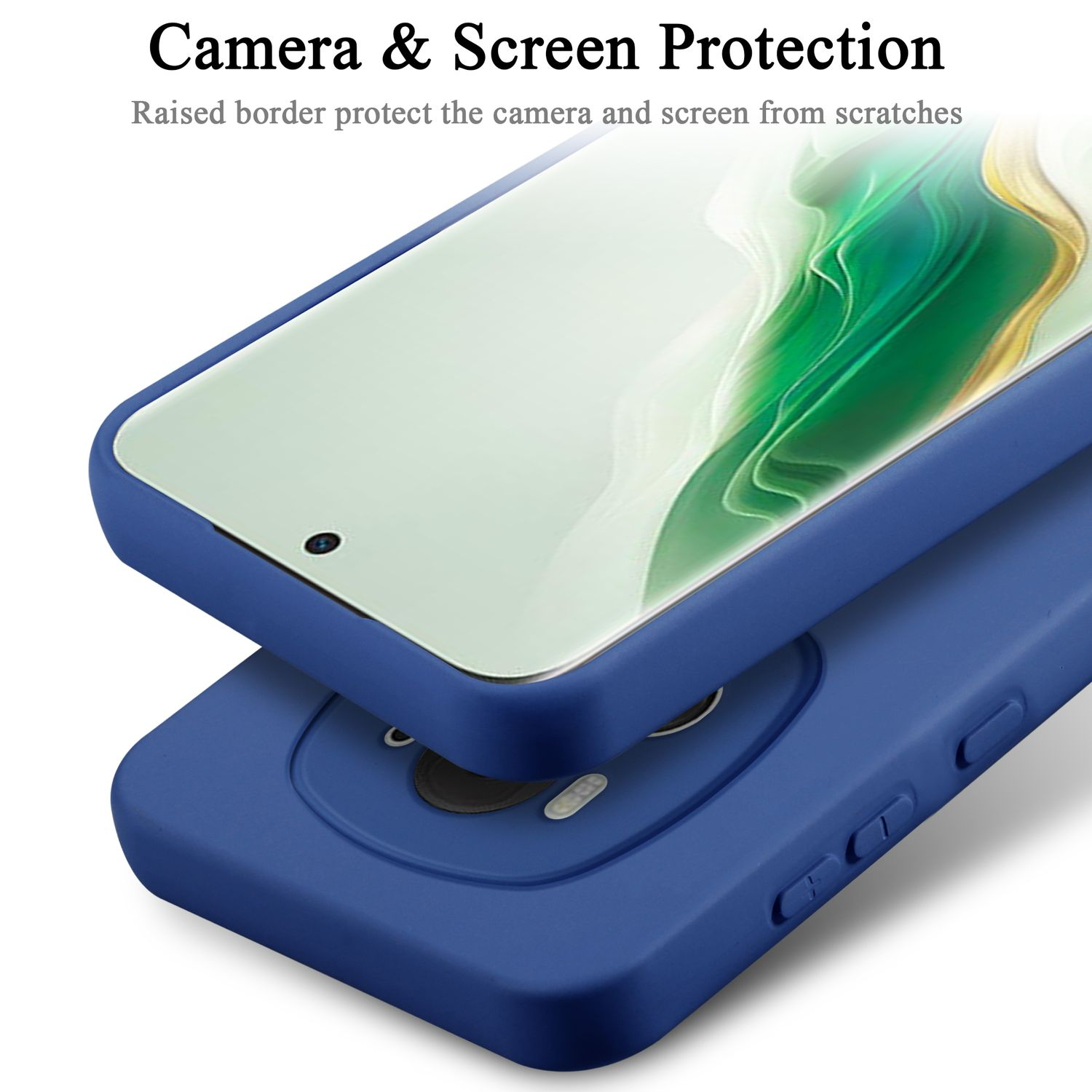 Ein Telefon in einer blauen Hülle. Der Rand der Hülle ragt über den Bildschirm hinaus. Kamera- und Bildschirmschutz.