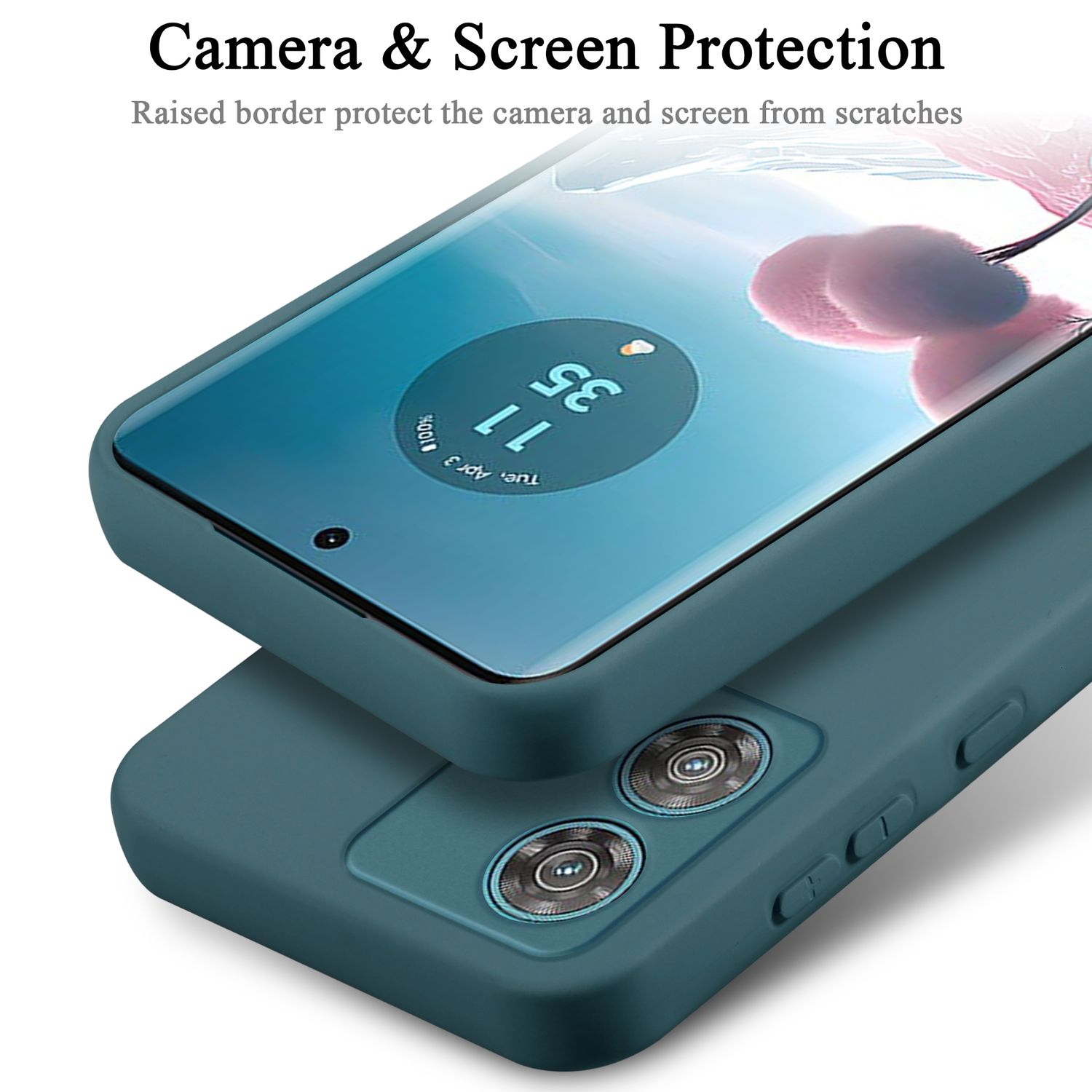 Due custodie per telefono verde acqua impilate. Testo: Camera & Screen Protection.