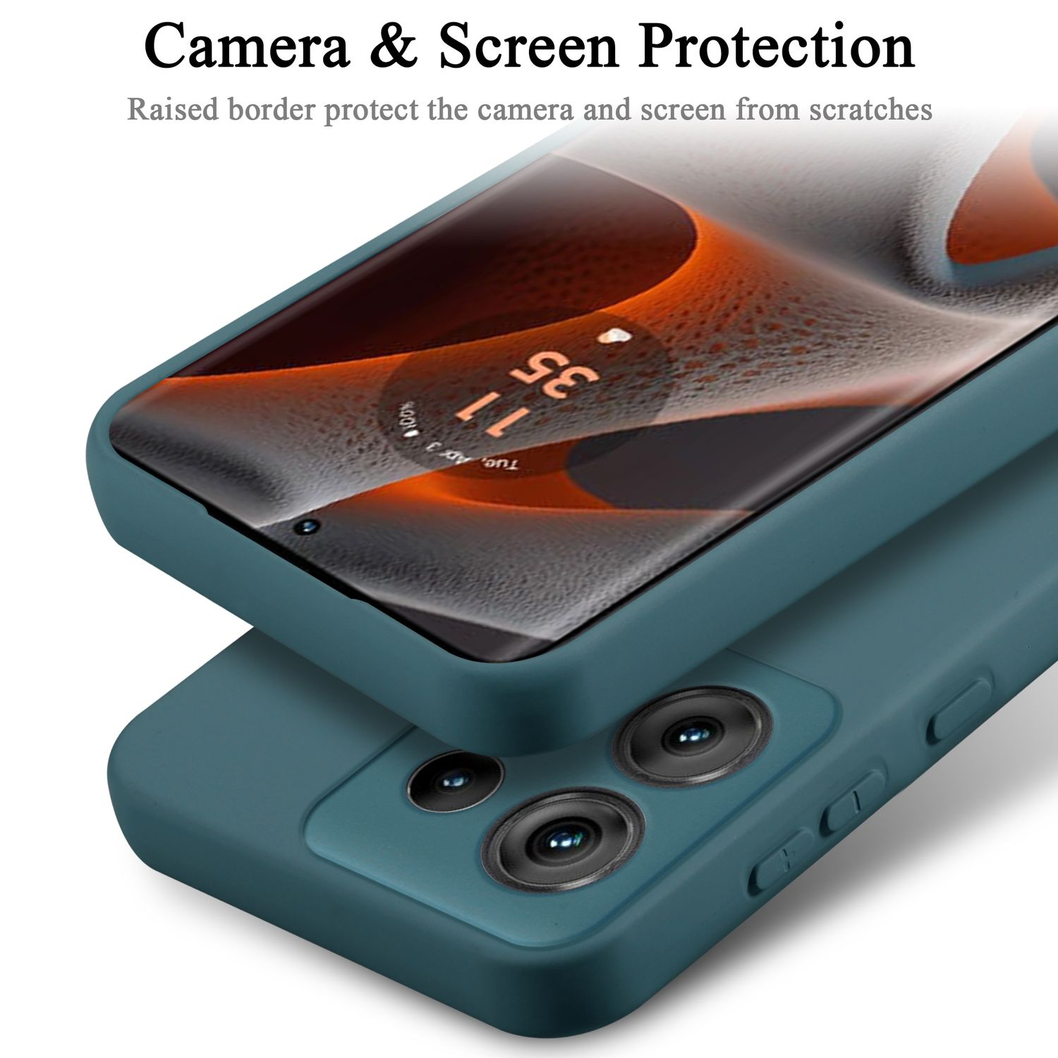 Un telefono in una custodia verde acqua è sopra un altro. Testo: Protezione fotocamera e schermo.
