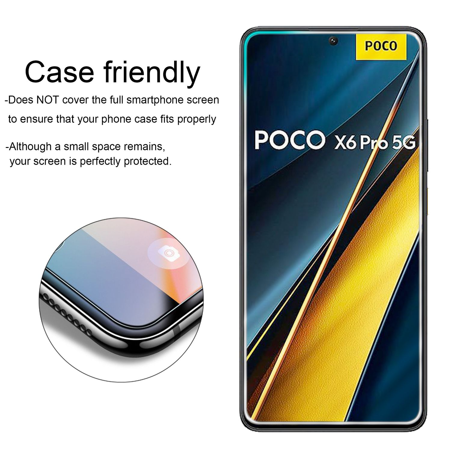 Uno schermo del telefono con una protezione per lo schermo applicata. Il telefono ha un design giallo e oro.