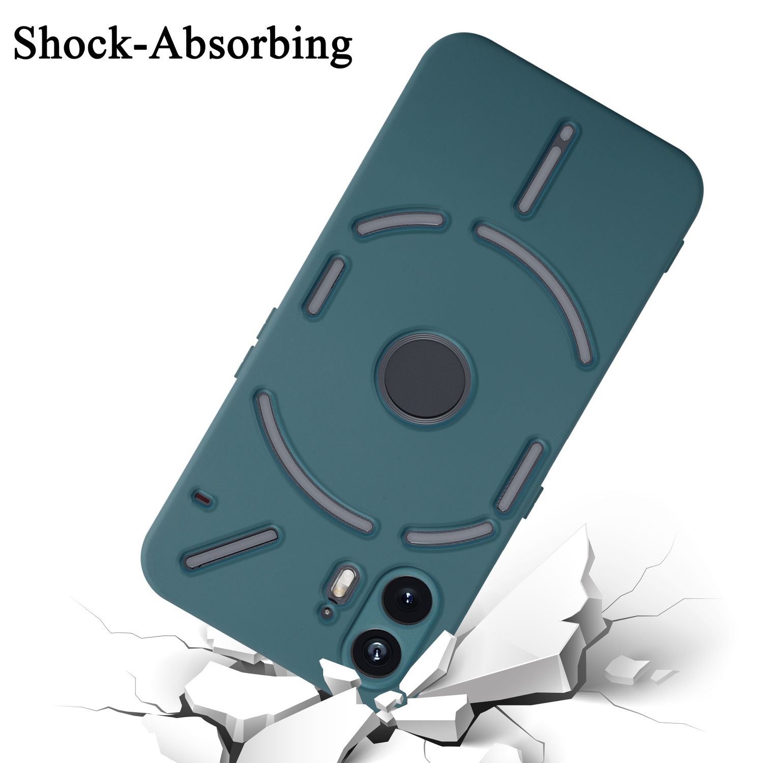 Custodia teal per telefono angolata con effetto crepa. Testo: Antiurto.