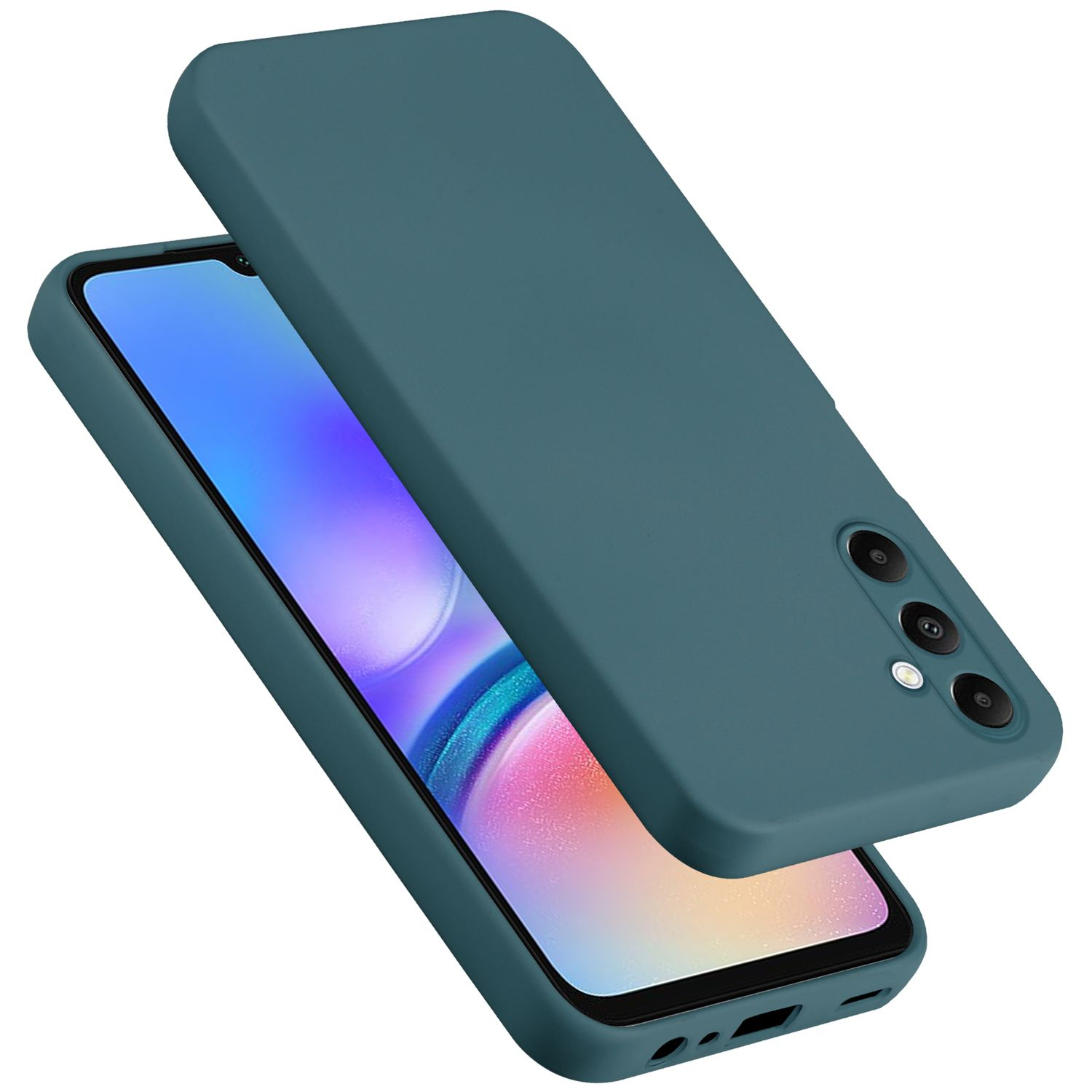 Custodia per telefono verde acqua. Un telefono è dentro la custodia. La custodia è sopra.