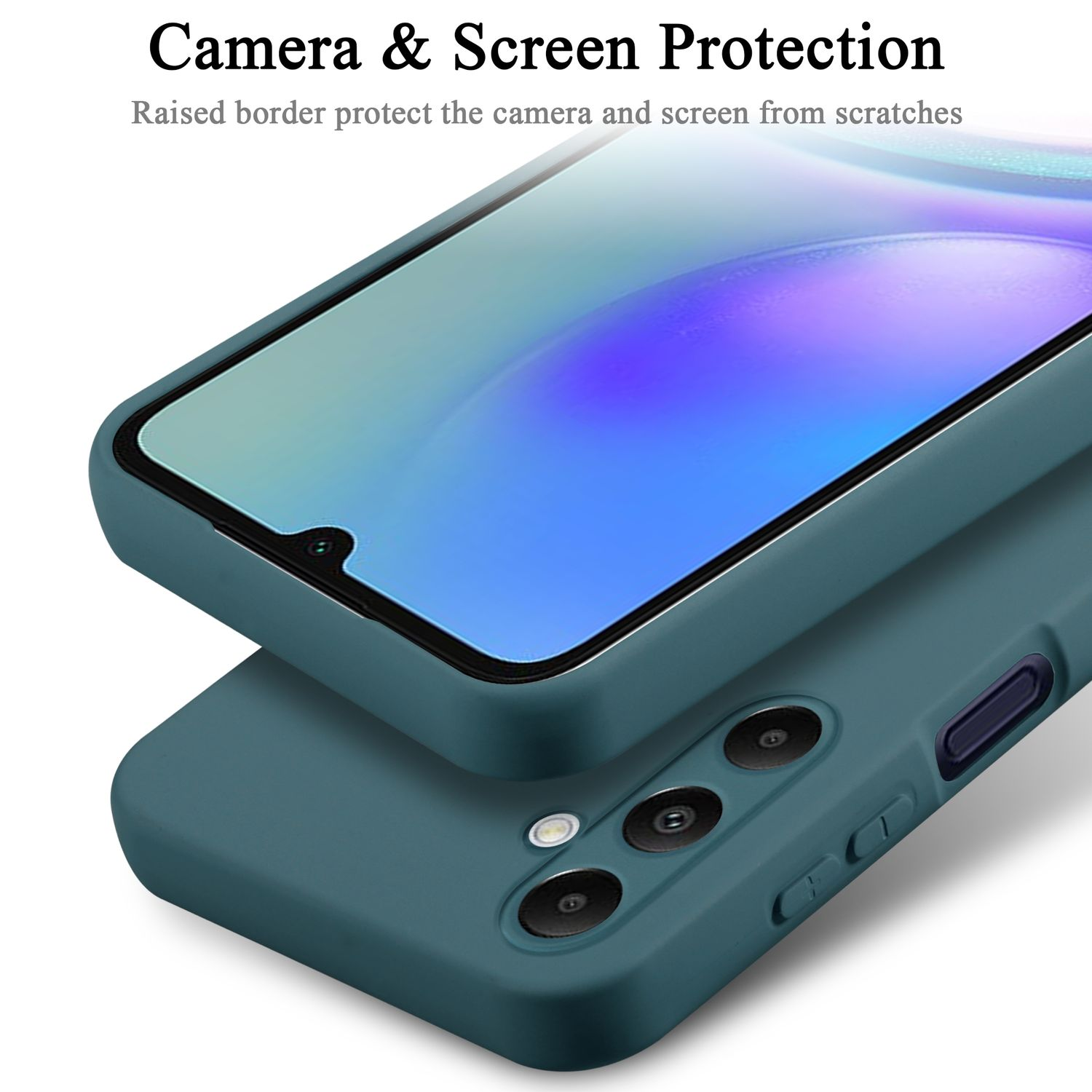 Custodia per telefono color teal, che mostra uno schermo e il testo 'Camera & Screen Protection'.