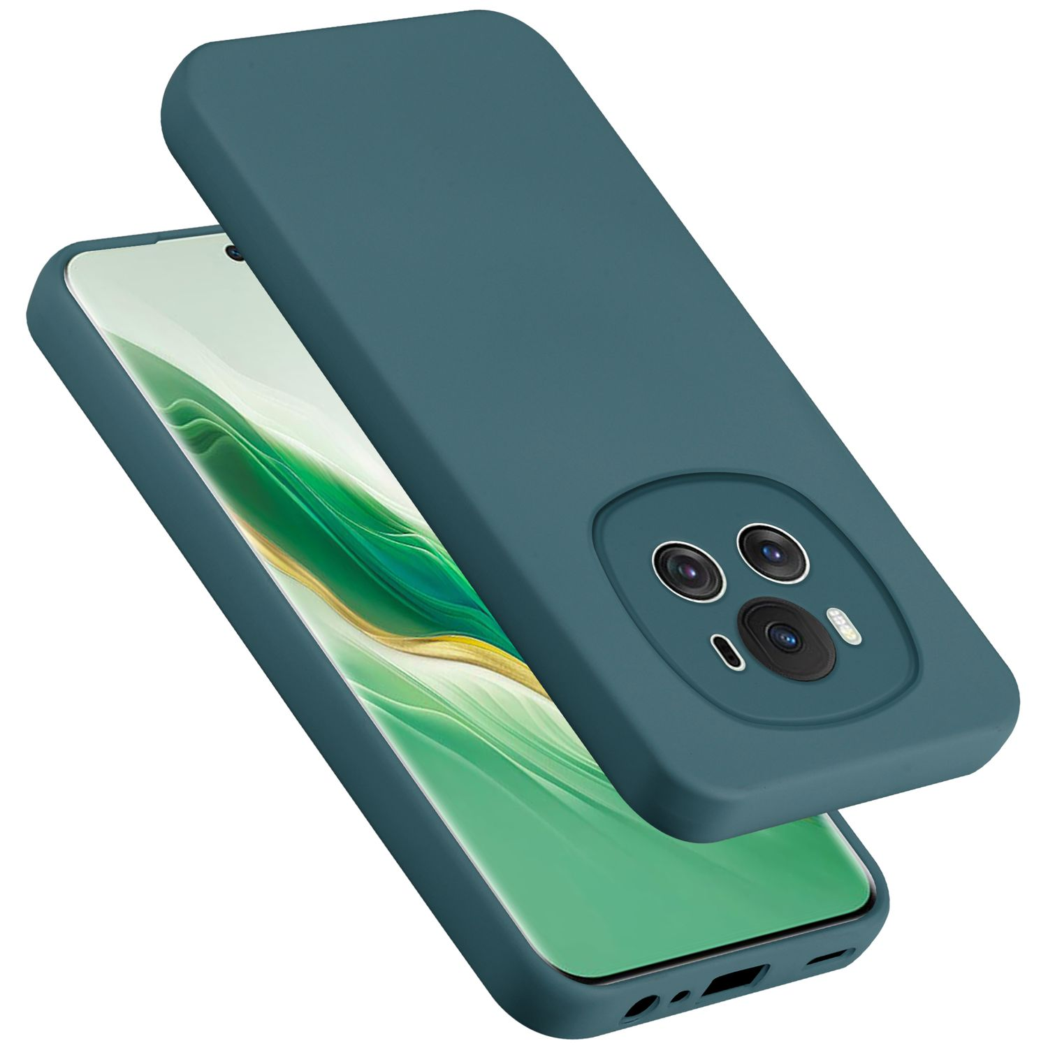 Custodia per telefono verde acqua, due lenti sul retro e un telefono all'interno.