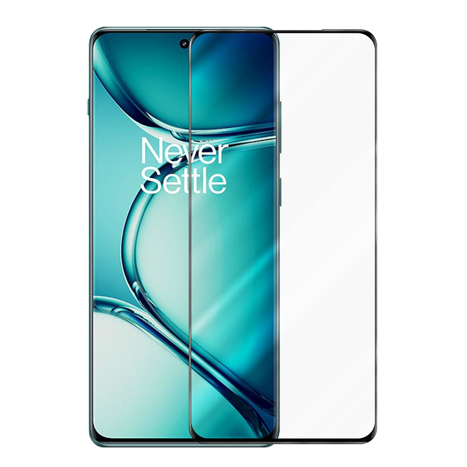 Smartphone con protezione schermo applicata. Smartphone nero con le parole 'Never Settle' sullo schermo.