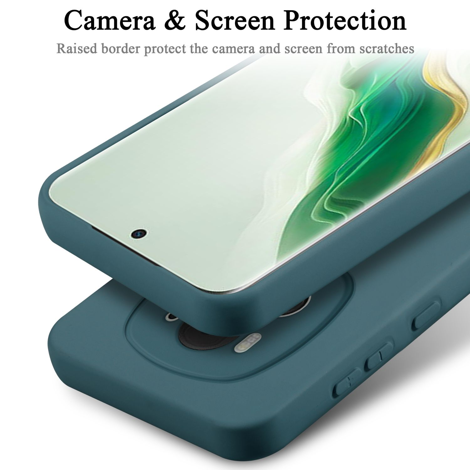 Un telefono dentro una custodia verde acqua. Il bordo della custodia si alza sopra lo schermo. Protezione fotocamera e schermo.