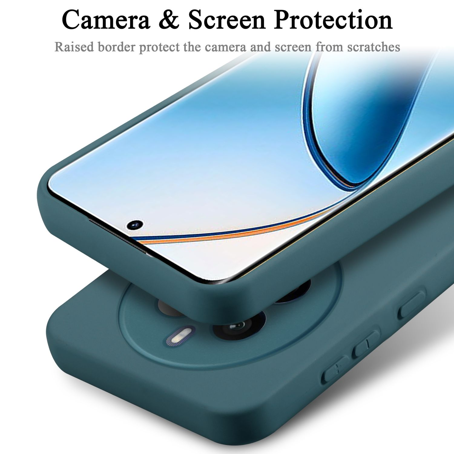 Due custodie per telefono verde acqua impilate. La custodia superiore protegge la fotocamera e lo schermo. Testo: Protezione fotocamera e schermo.