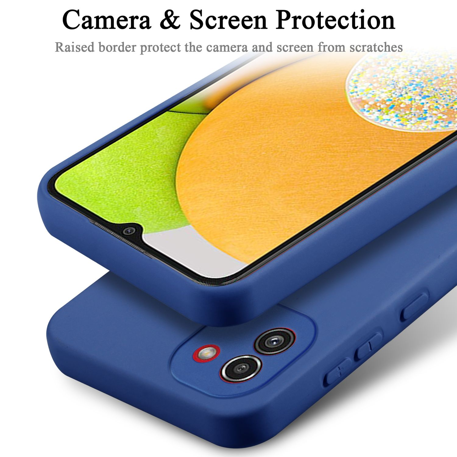 Custodia blu del telefono sopra un'altra; protezione per fotocamera e schermo.