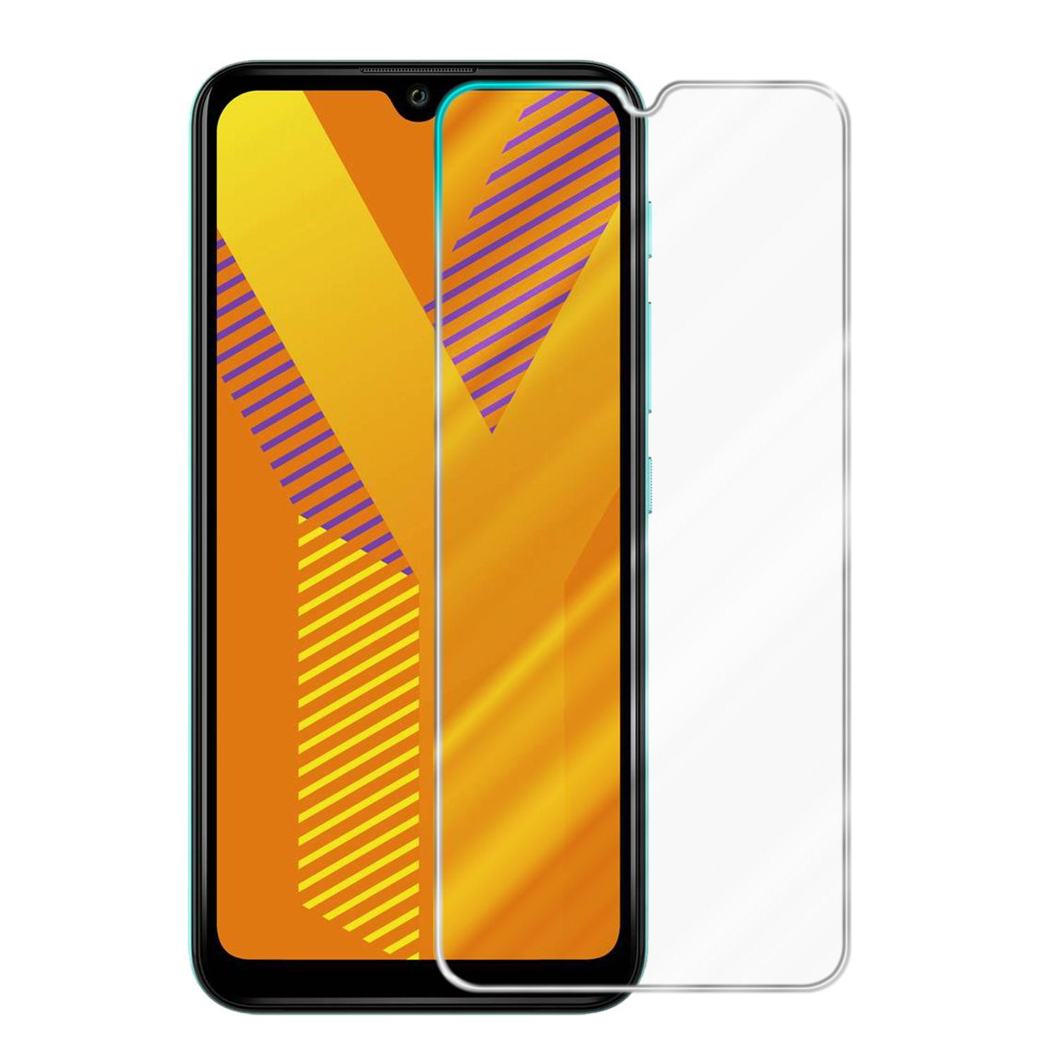 Schermo del telefono con protezione schermo, sfondo arancione e viola.