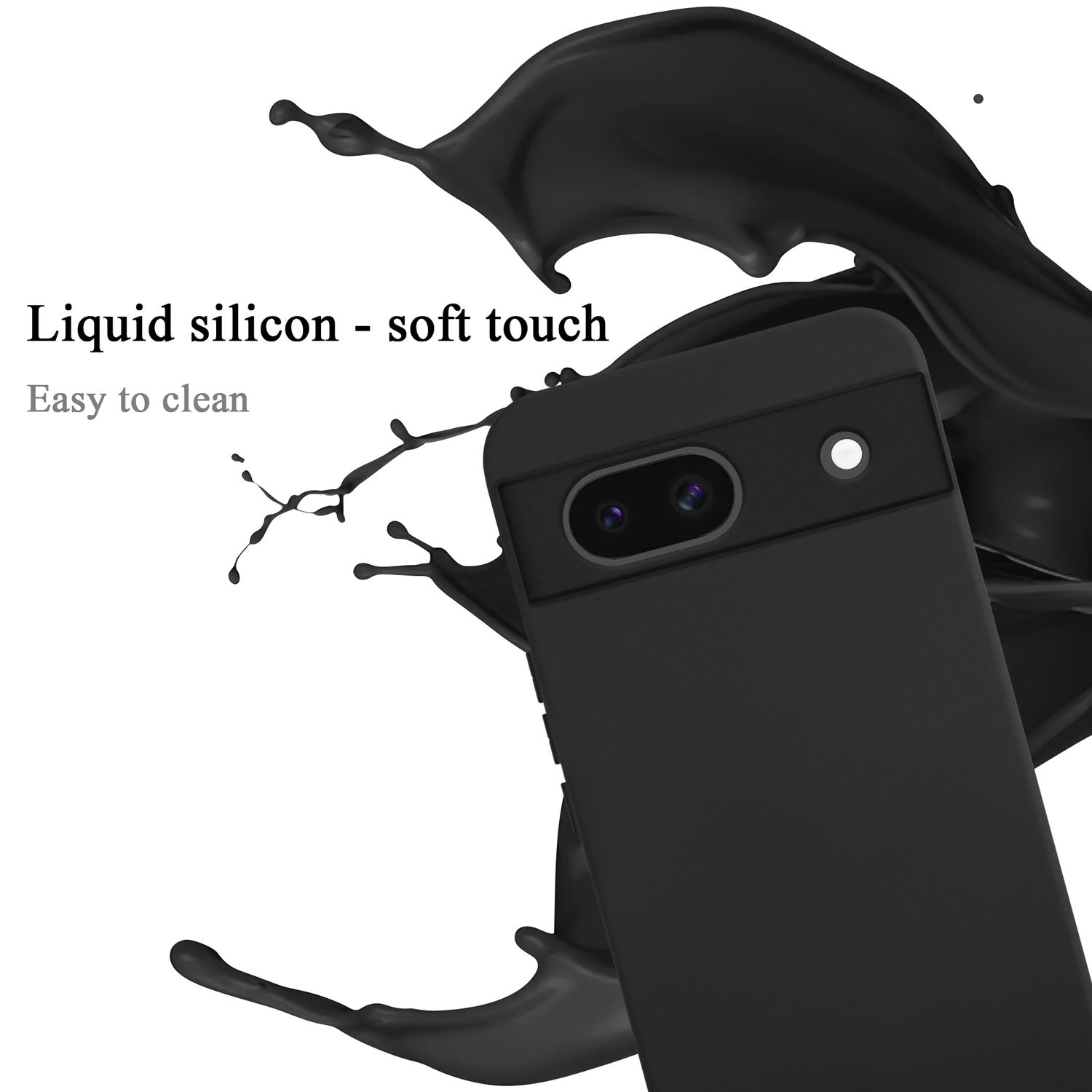 Custodia per telefono nera con fotocamera, silicone liquido, soft touch, con effetto splash nero.