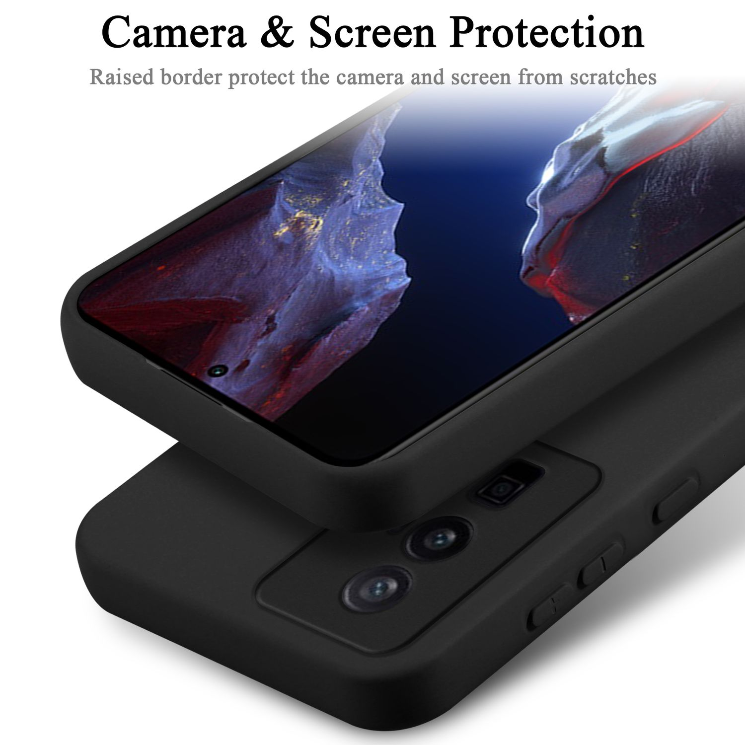 Due custodie per telefono nere impilate, con il testo 'Camera & Screen Protection' e un primo piano del telefono.