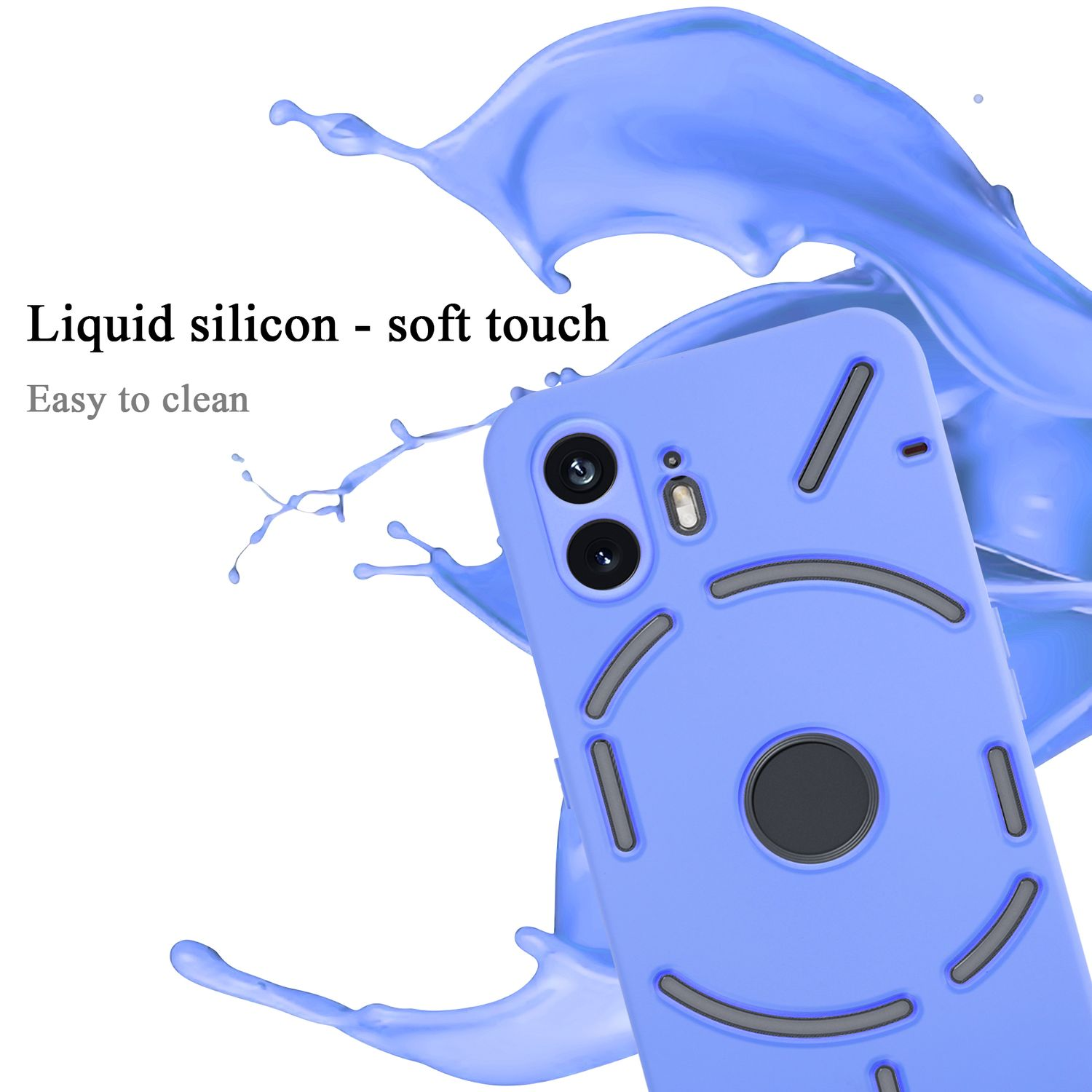 Custodia blu per telefono con ritagli per fotocamera, schizzo di liquido blu intorno.