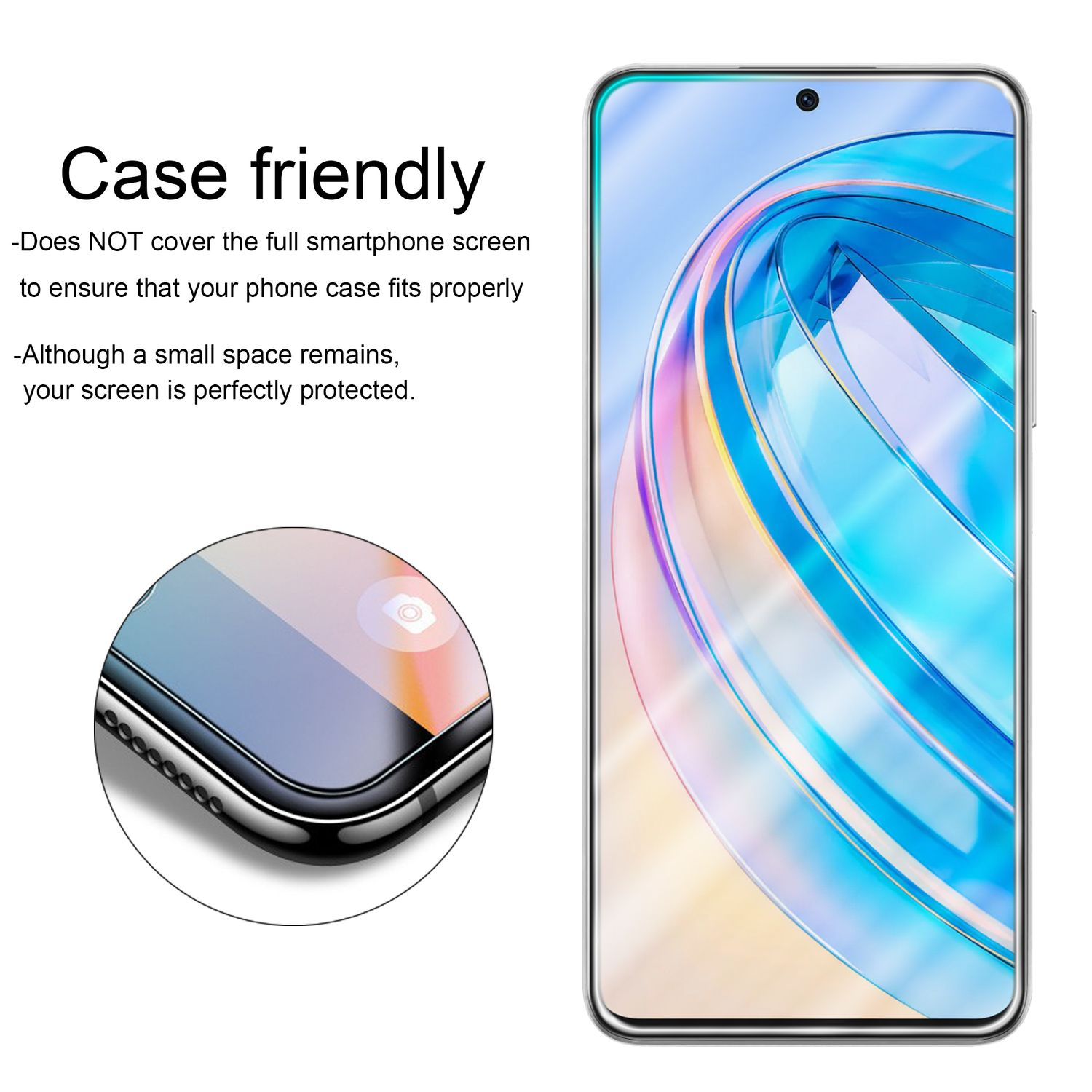 Uno smartphone con una protezione per lo schermo applicata. Testo: Compatibile con la custodia. Il telefono è argento.