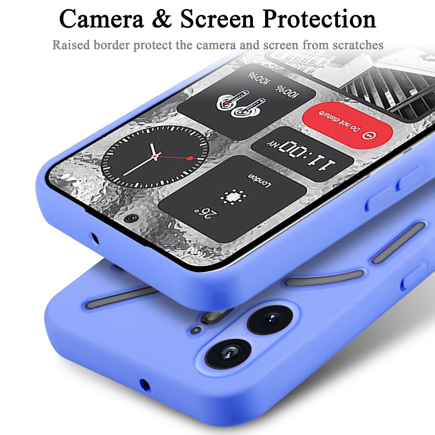 Custodia per telefono blu chiaro con ritagli per fotocamera, protegge lo schermo.