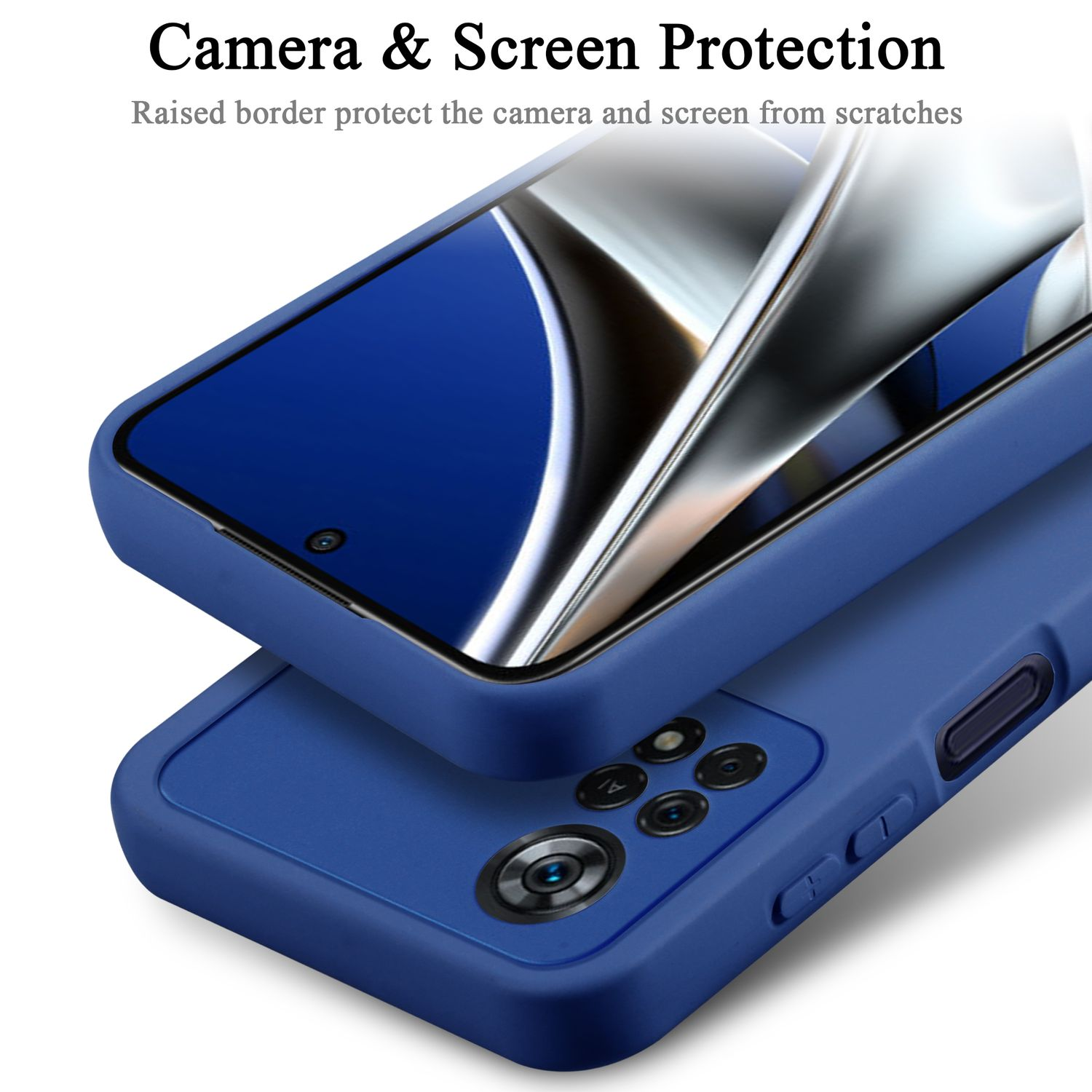 Custodia blu per telefono con protezione fotocamera. Schermo visibile.