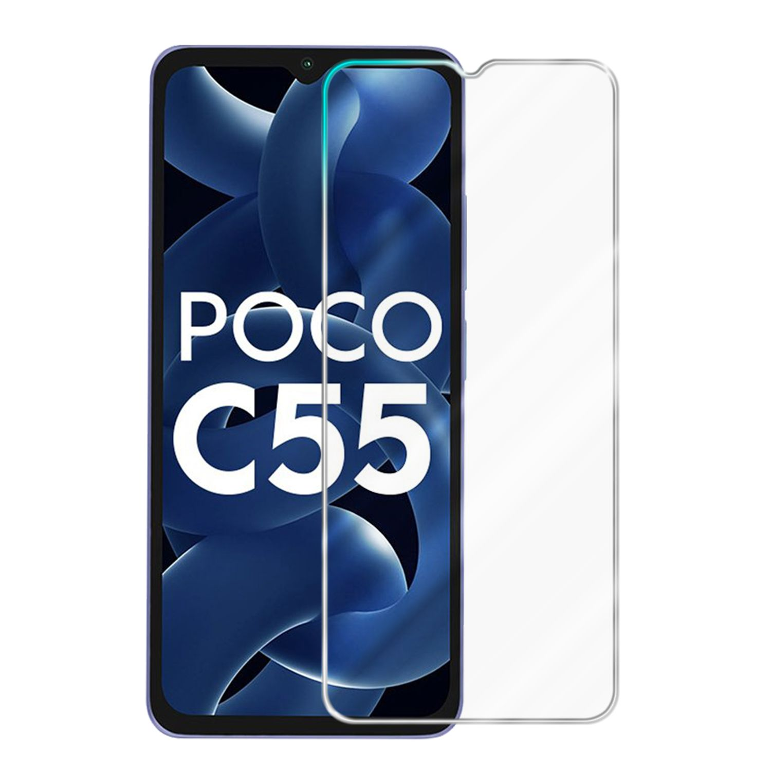 Telefono con protezione schermo. Mostra POCO C55. La protezione è trasparente.