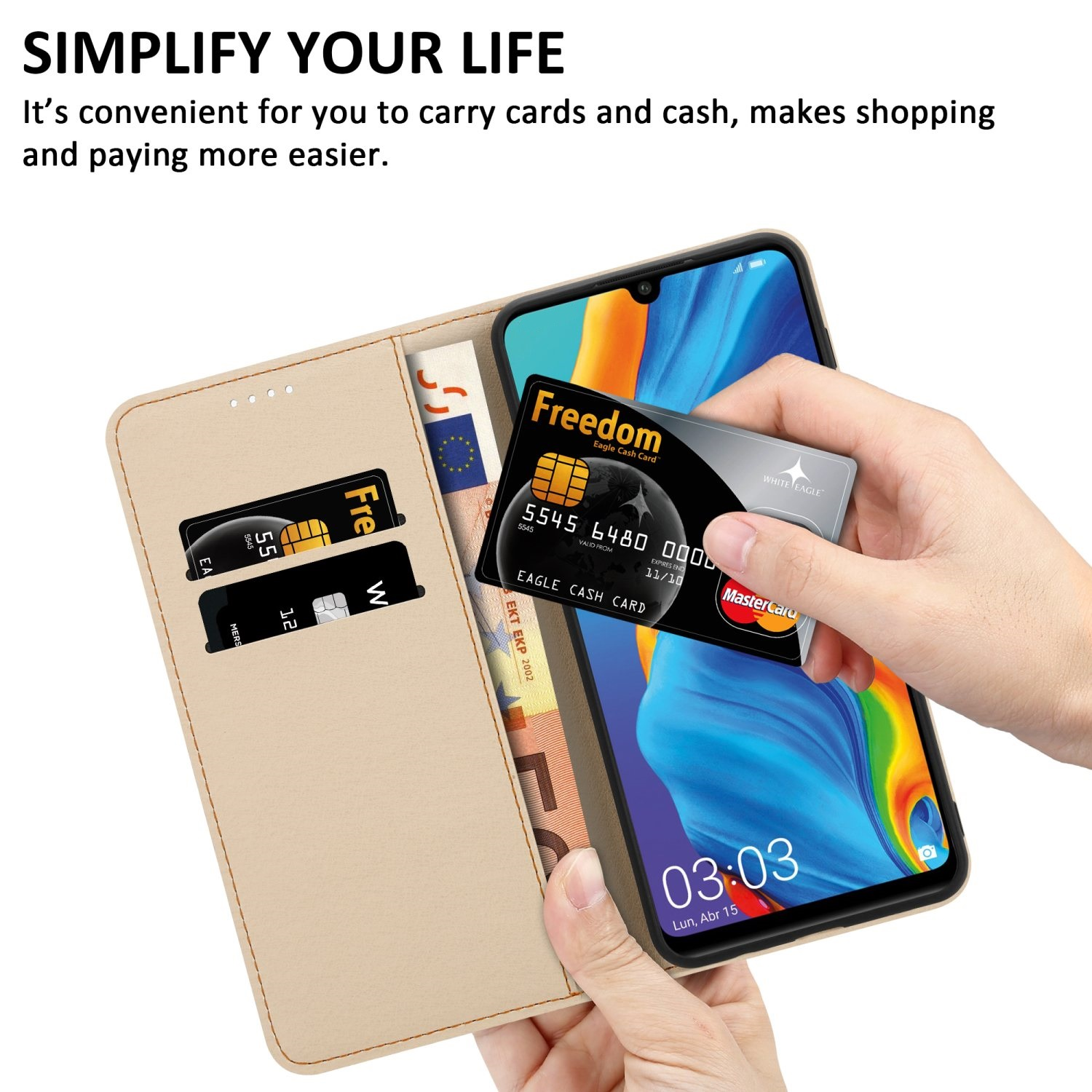 Custodia per telefono con carte e contanti all'interno. Una mano tiene una carta di credito vicino al telefono.