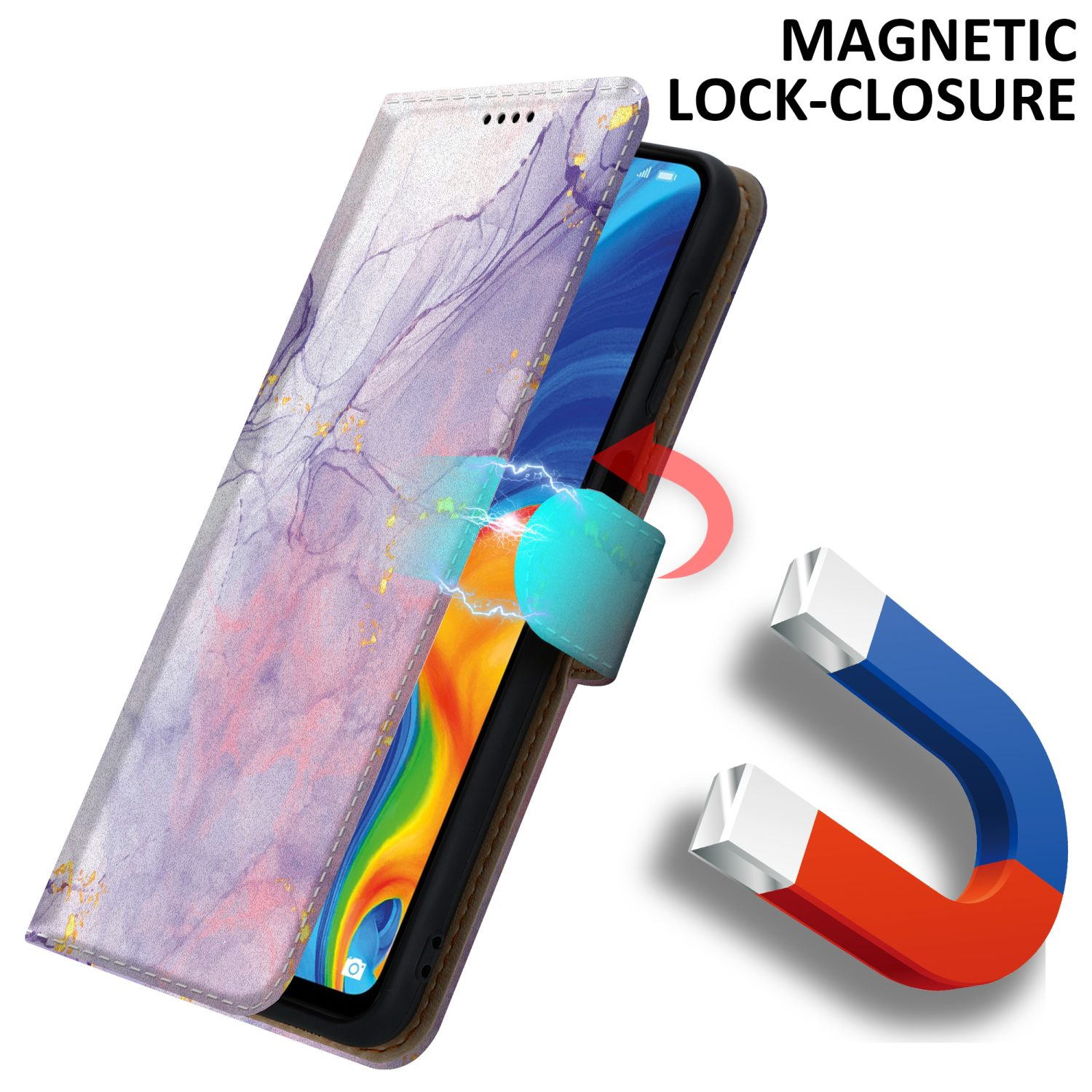 Un telefono in una custodia con chiusura magnetica. La chiusura magnetica è rossa e blu.