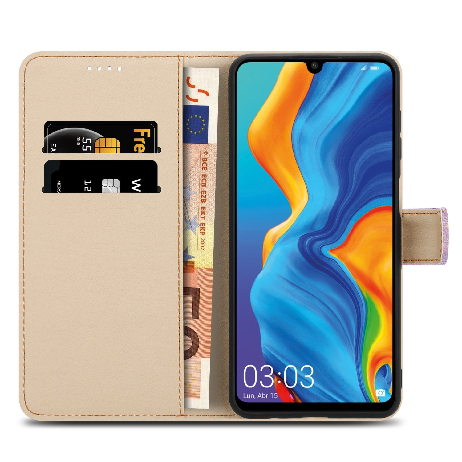 Custodia aperta, mostra telefono con soldi e carte. Custodia beige, ora 03:03.