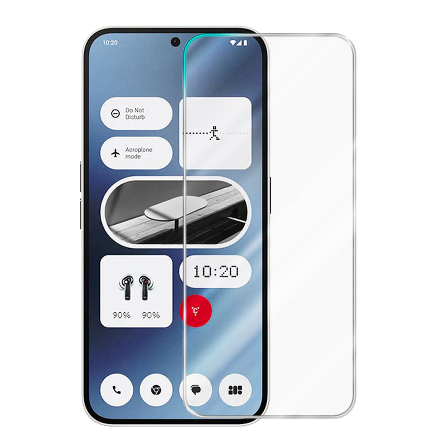Un telefono con protezione schermo applicata. Lo schermo mostra l'interfaccia con icone e ora.