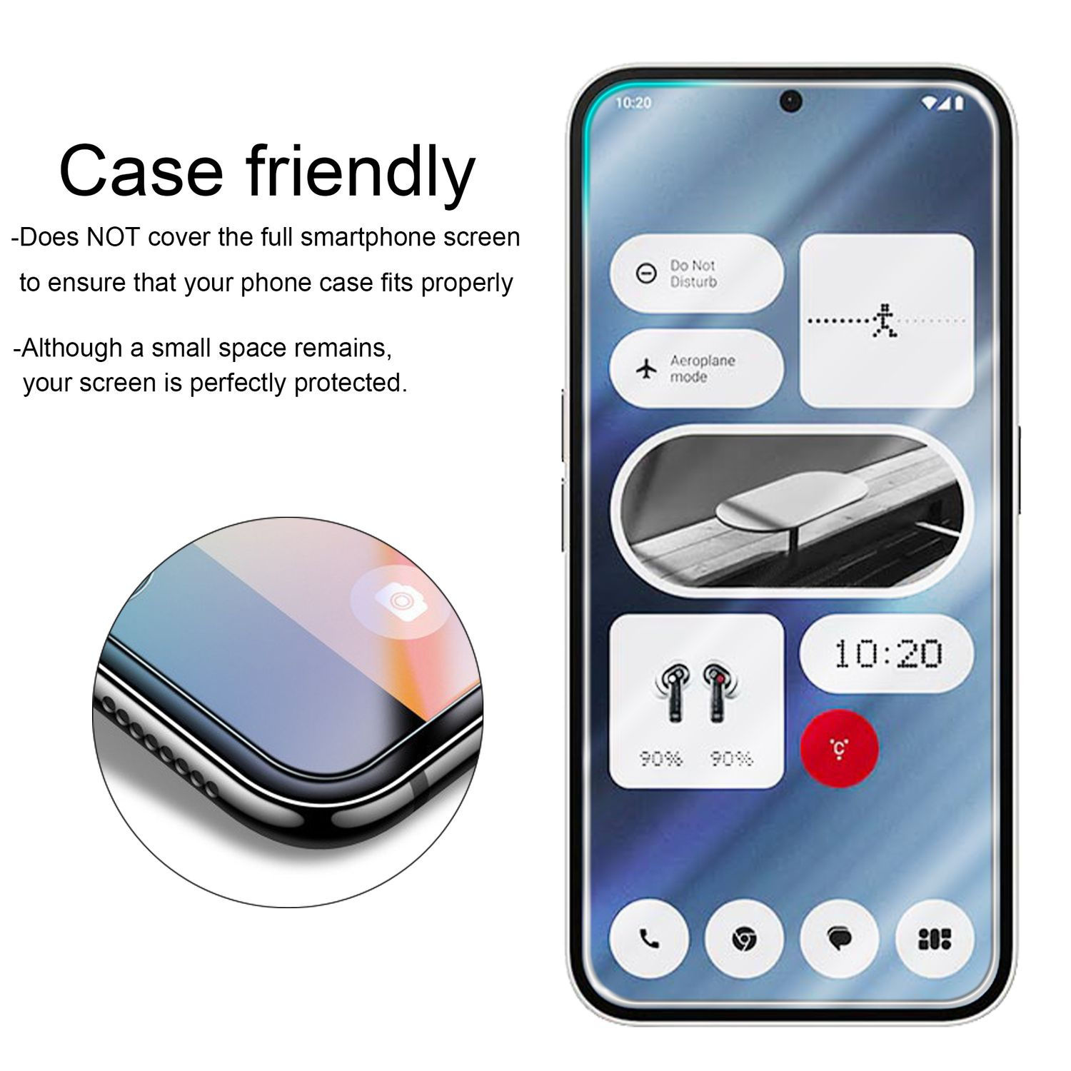 Uno schermo del telefono mostra un'interfaccia utente con widget. A sinistra, un primo piano del proteggi schermo.