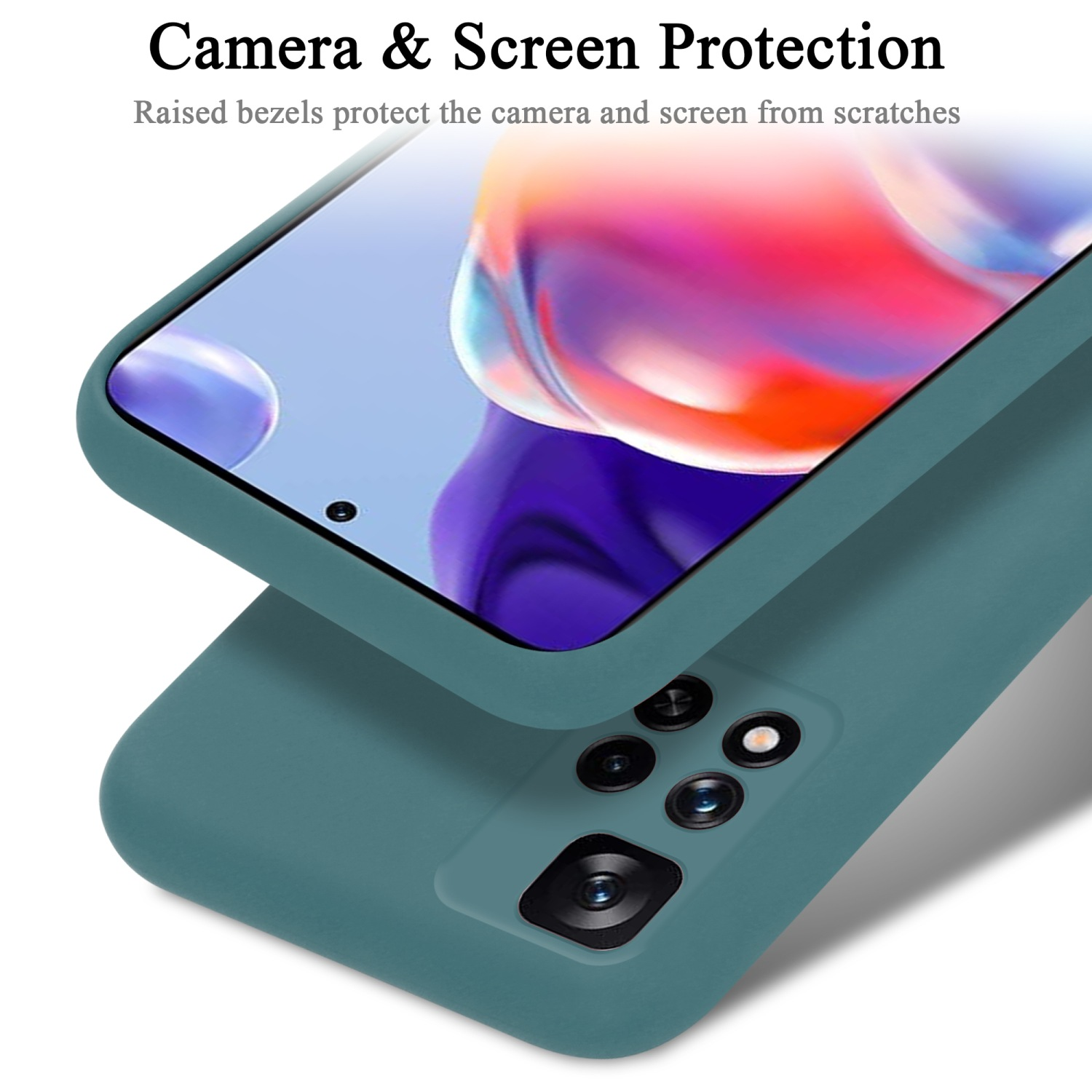 Un telefono è in una custodia protettiva, enfatizzando la protezione della fotocamera e dello schermo con le cornici rialzate.