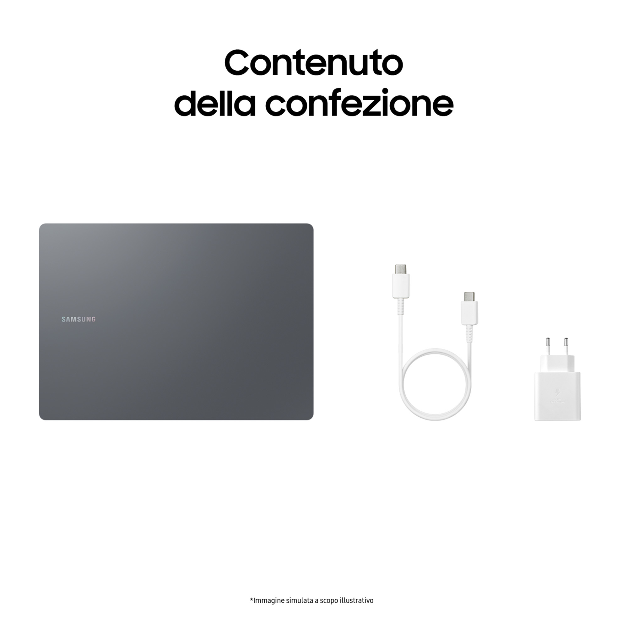 Laptop grigio, caricatore bianco e cavo bianco. Il testo dice: Contenuto della confezione.