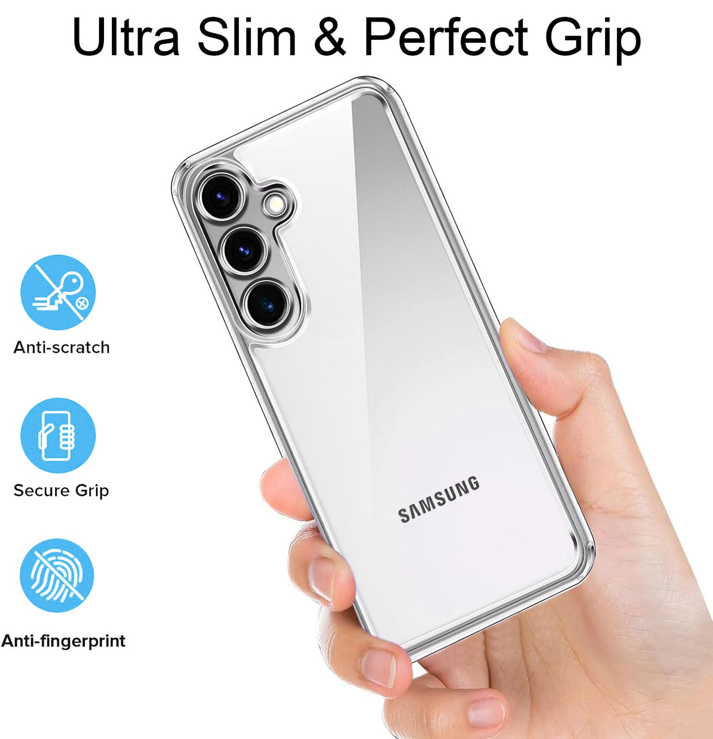 Eine transparente Handyhülle mit einem Samsung-Telefon darin. Text sagt Ultra Slim & Perfect Grip. Symbole der Funktionen.