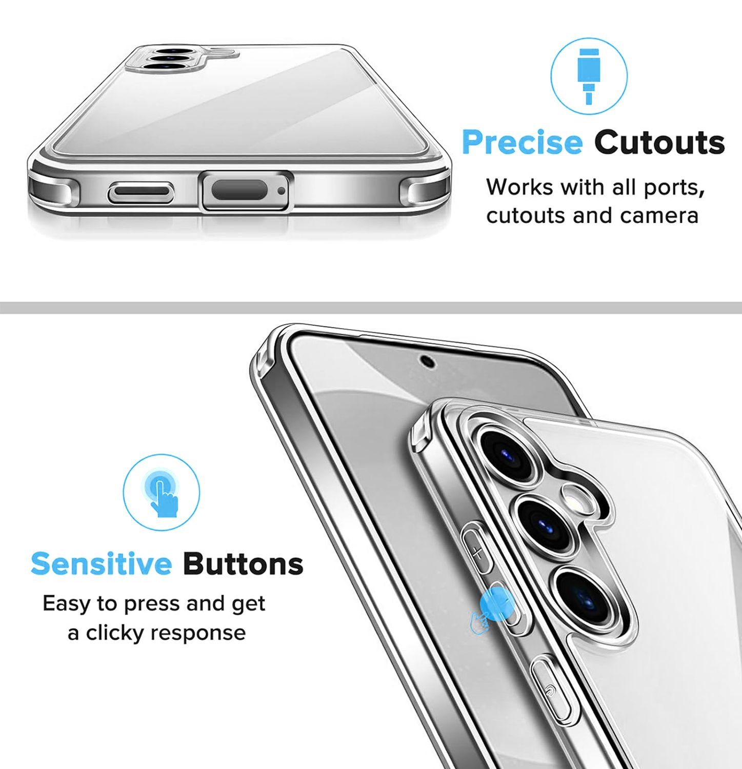 Transparente Handyhülle mit Telefon, Text 'Precise Cutouts' und 'Sensitive Buttons'.