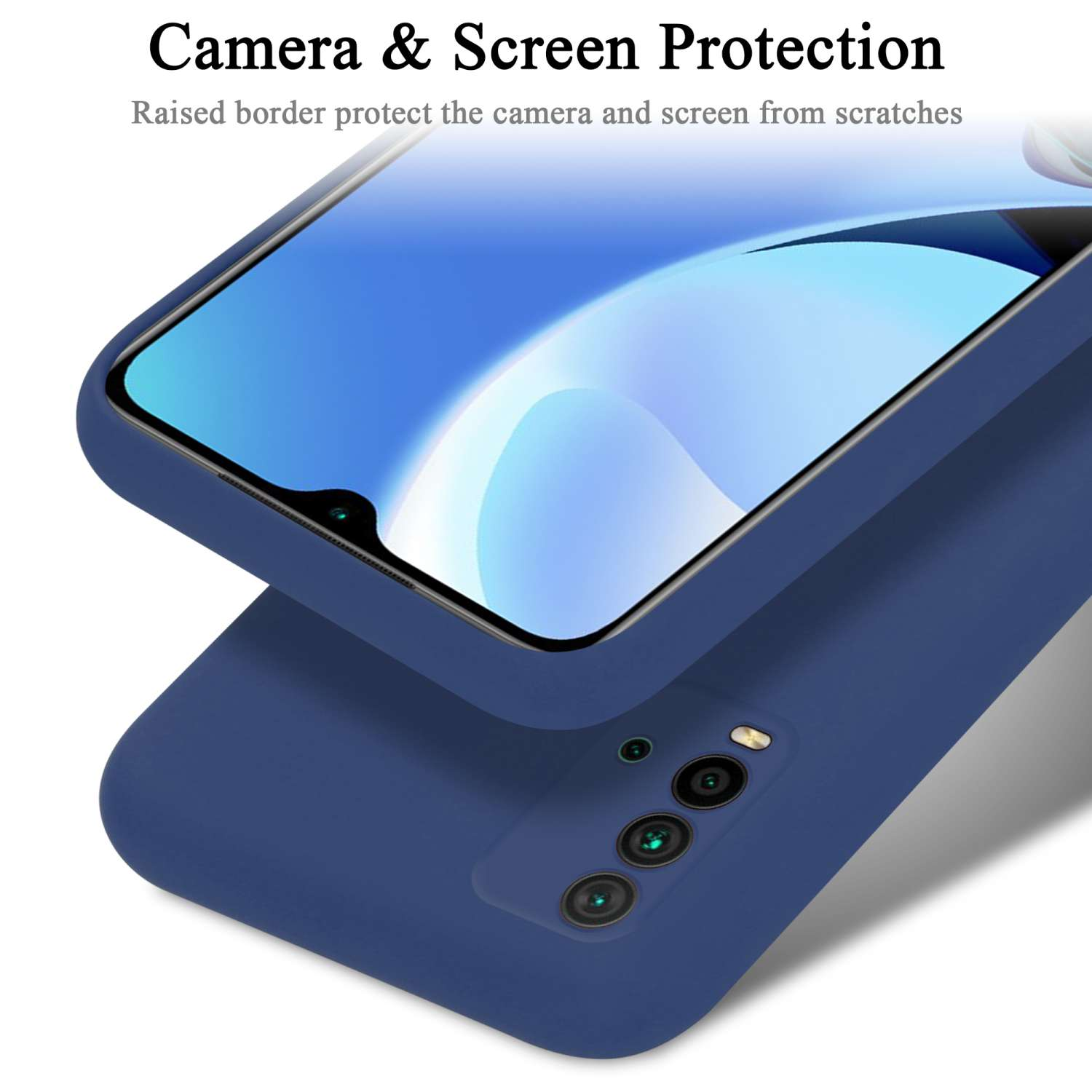 Una custodia per telefono blu scuro sopra un'altra. Lo schermo del telefono è visibile. La custodia ha un ritaglio per la fotocamera.