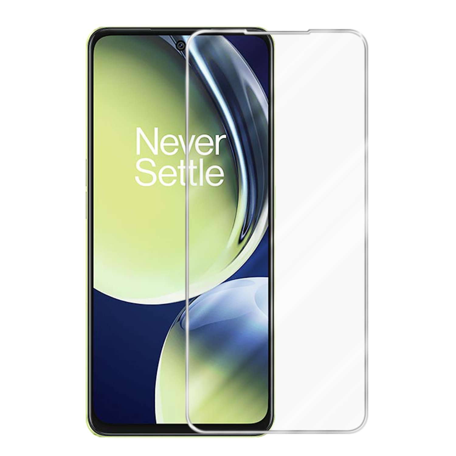 Un telefono con protezione schermo. Il telefono mostra 'Never Settle'.