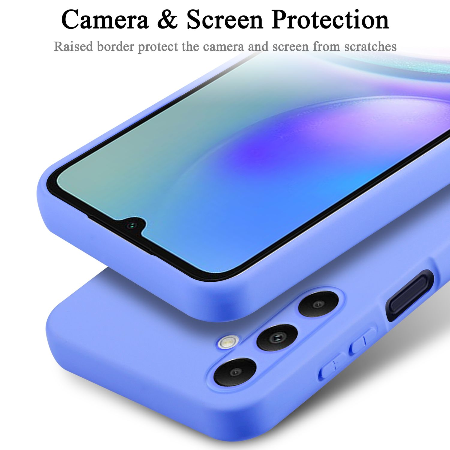 Due custodie per telefoni, impilate, viola, con ritagli per la fotocamera e uno schermo del telefono visibile.
