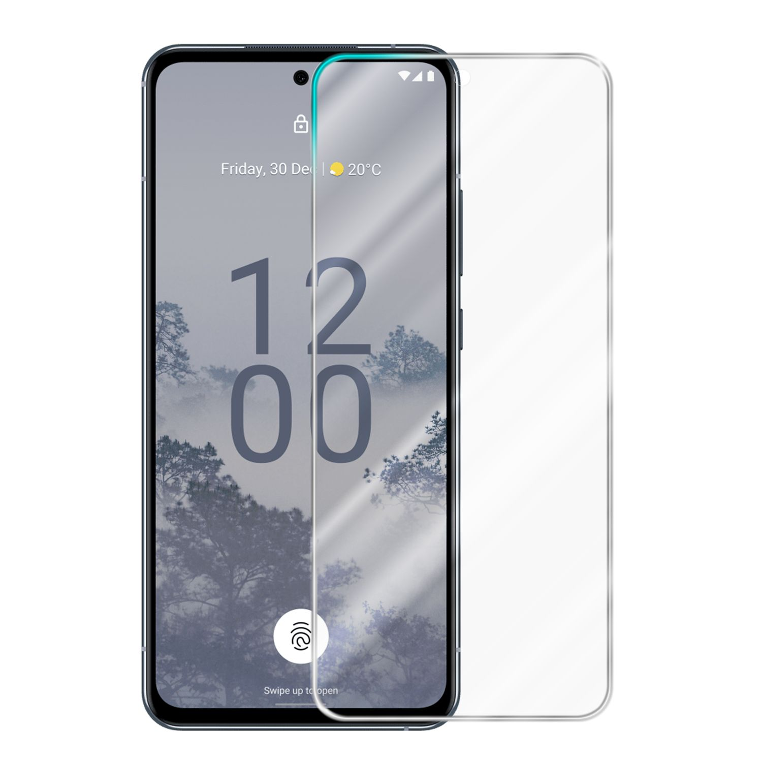 Smartphone con protezione schermo. Lo schermo mostra l'ora e un paesaggio.