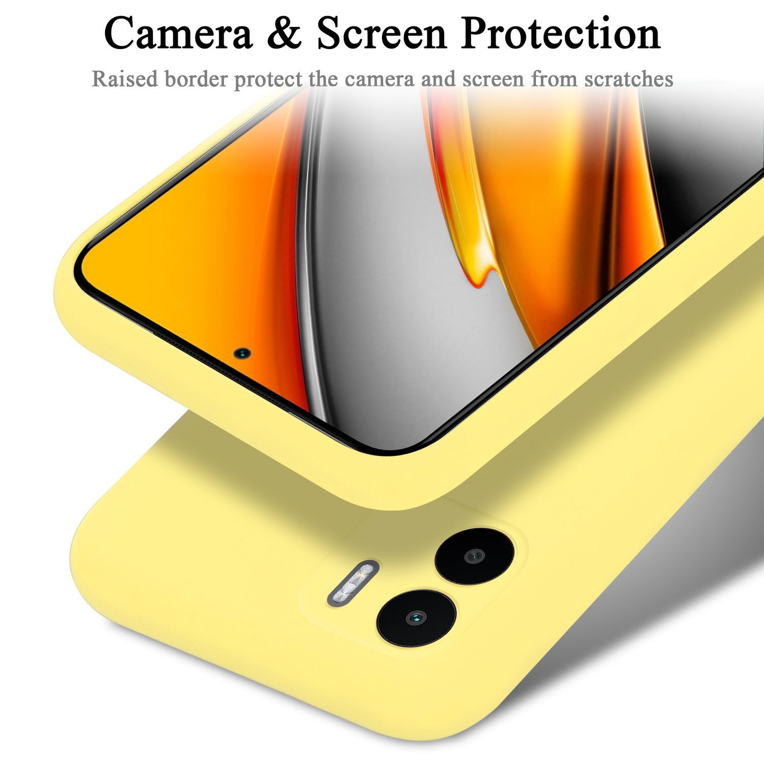 Una custodia per telefono gialla con protezione fotocamera e schermo sopra un'altra custodia gialla.