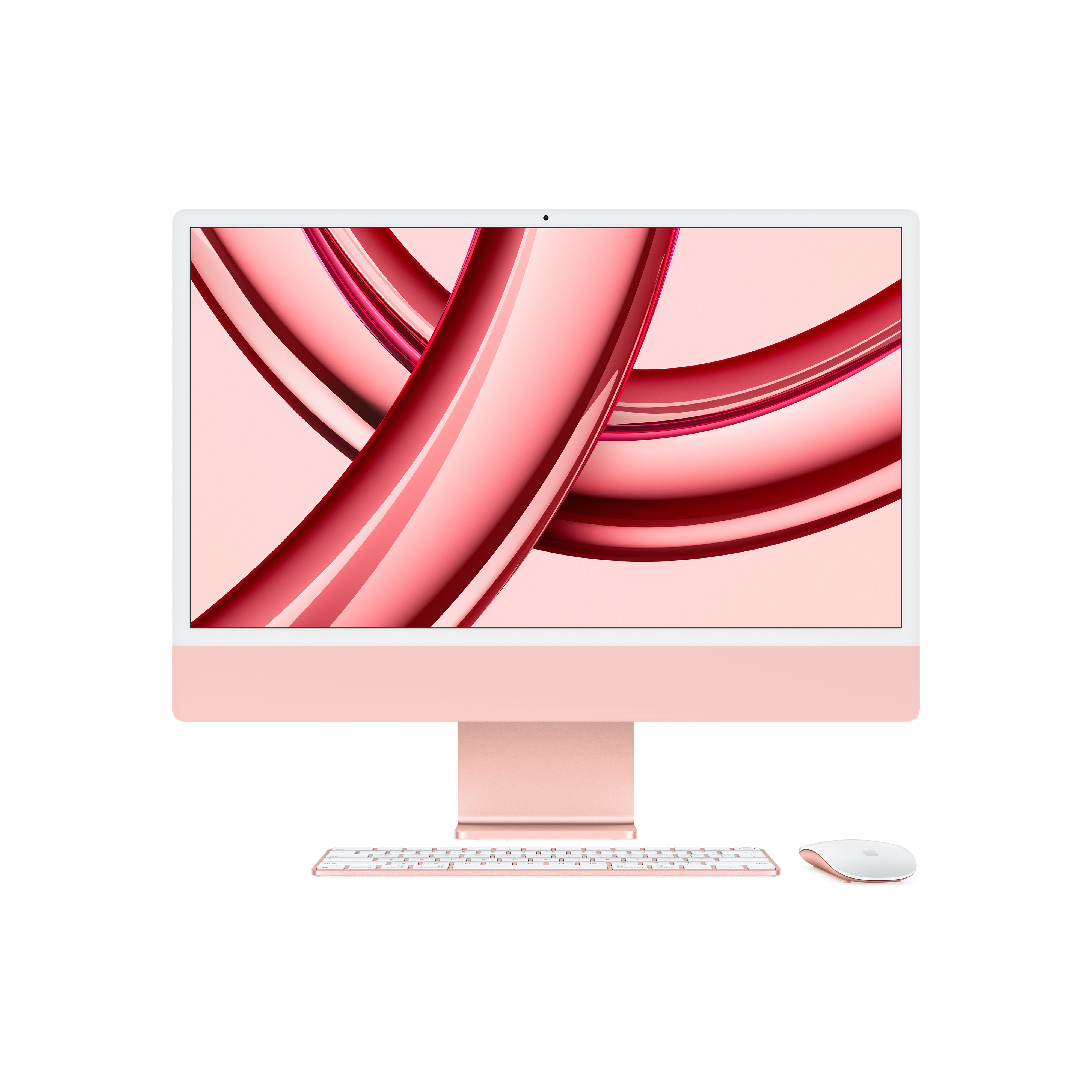 Różowy iMac z klawiaturą i myszą. Białe tło.