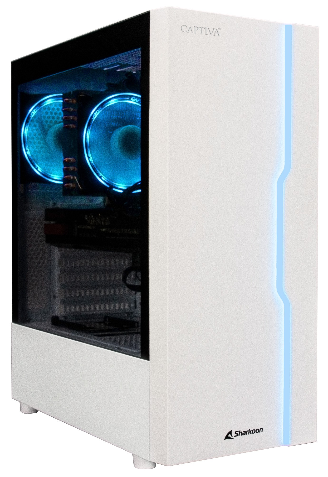Witte computerkast met een glazen zijpaneel en blauwe lichten.