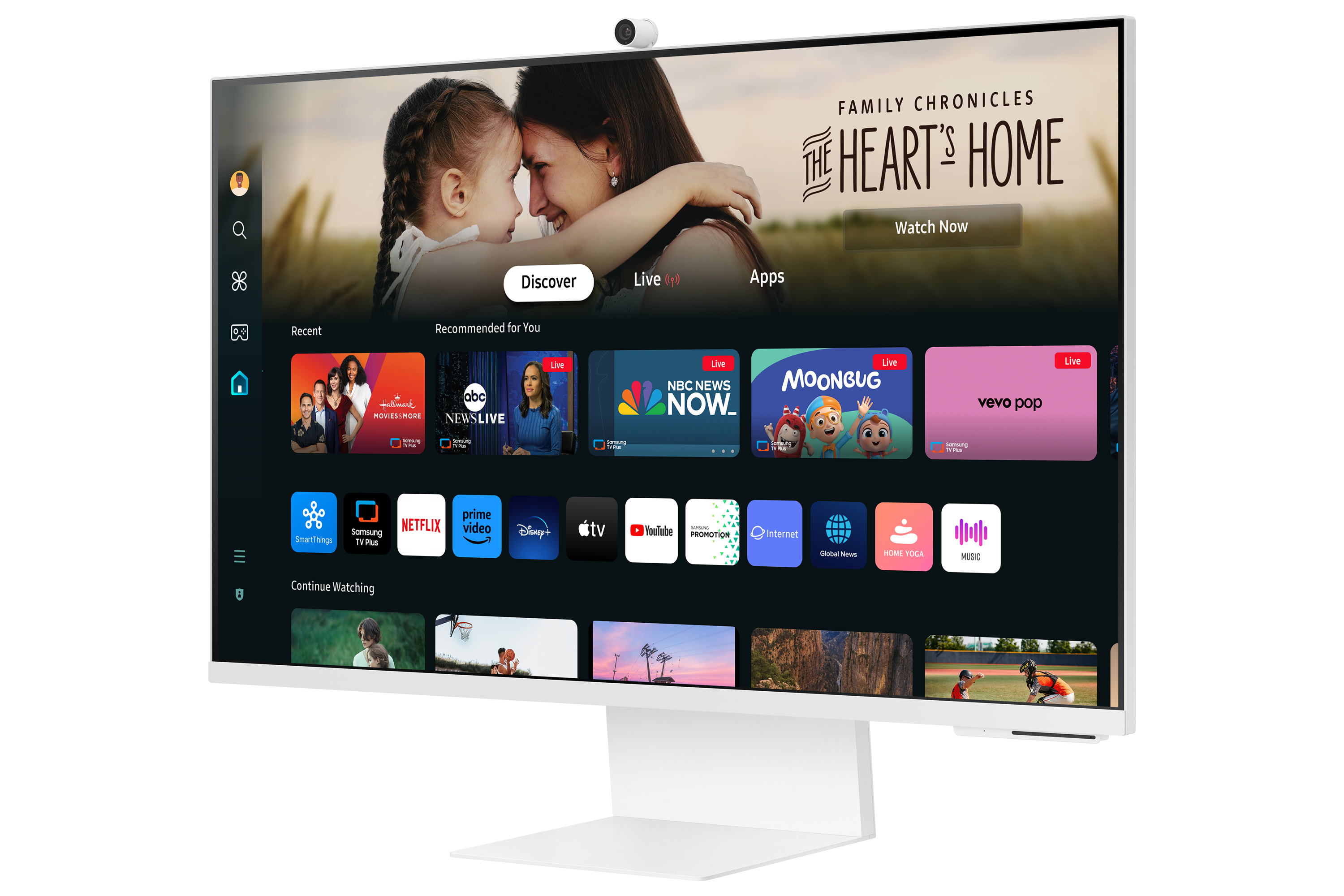 Biały telewizor Smart TV z ekranem pokazującym interfejs transmisji na żywo. Posiada kamerę internetową.