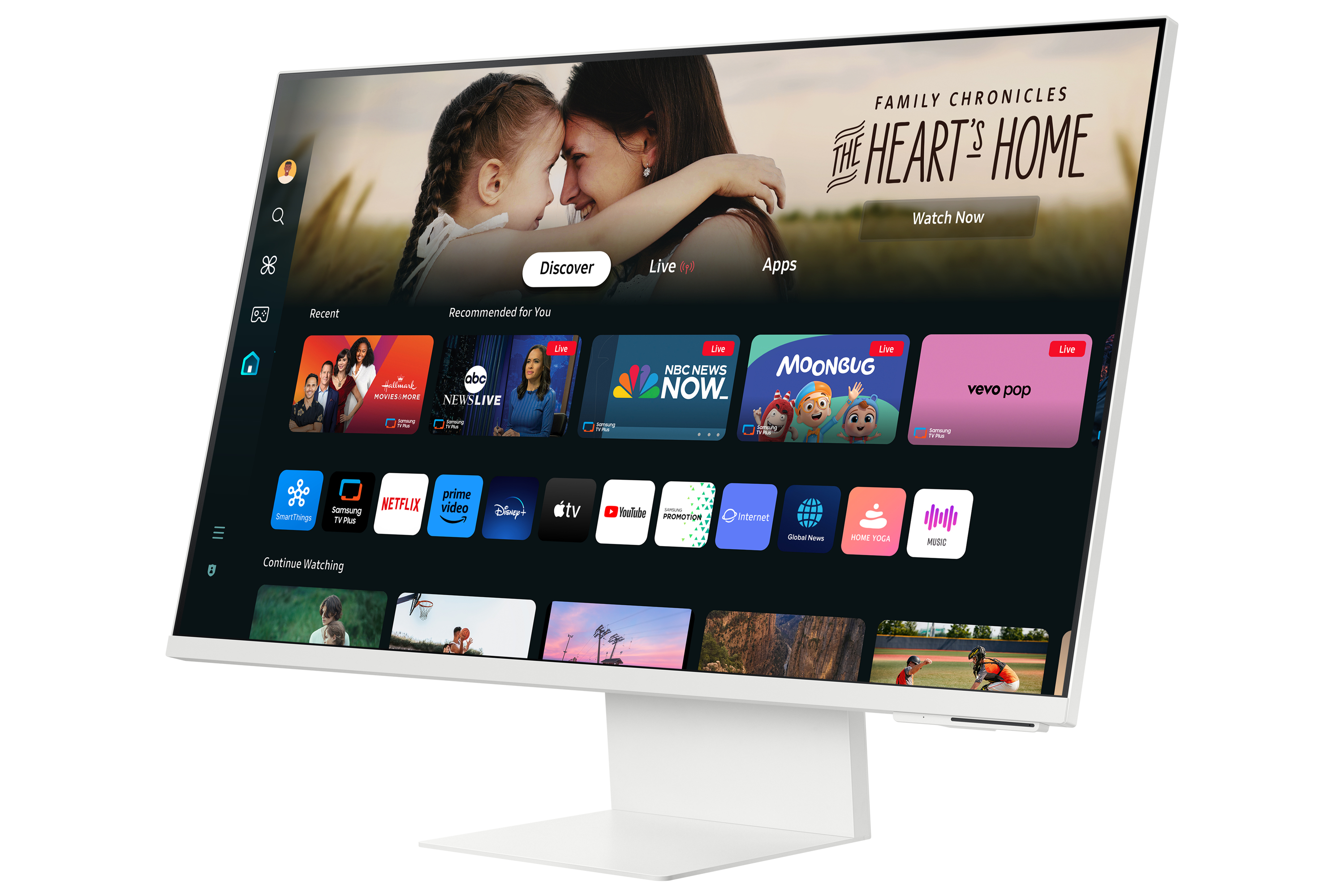Biały monitor wyświetlający interfejs TV z różnymi ikonami aplikacji i zdjęciem rodziny.