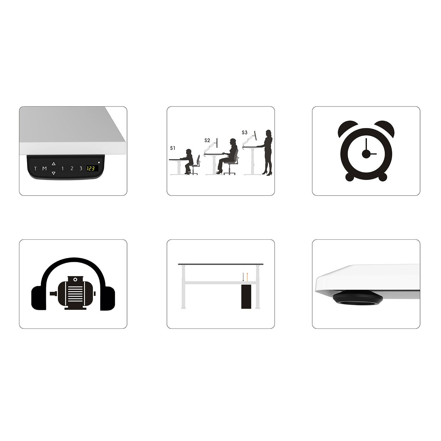 Iconos que muestran un escritorio ajustable con botones, personas y un reloj, que representan la ergonomía y el tiempo.
