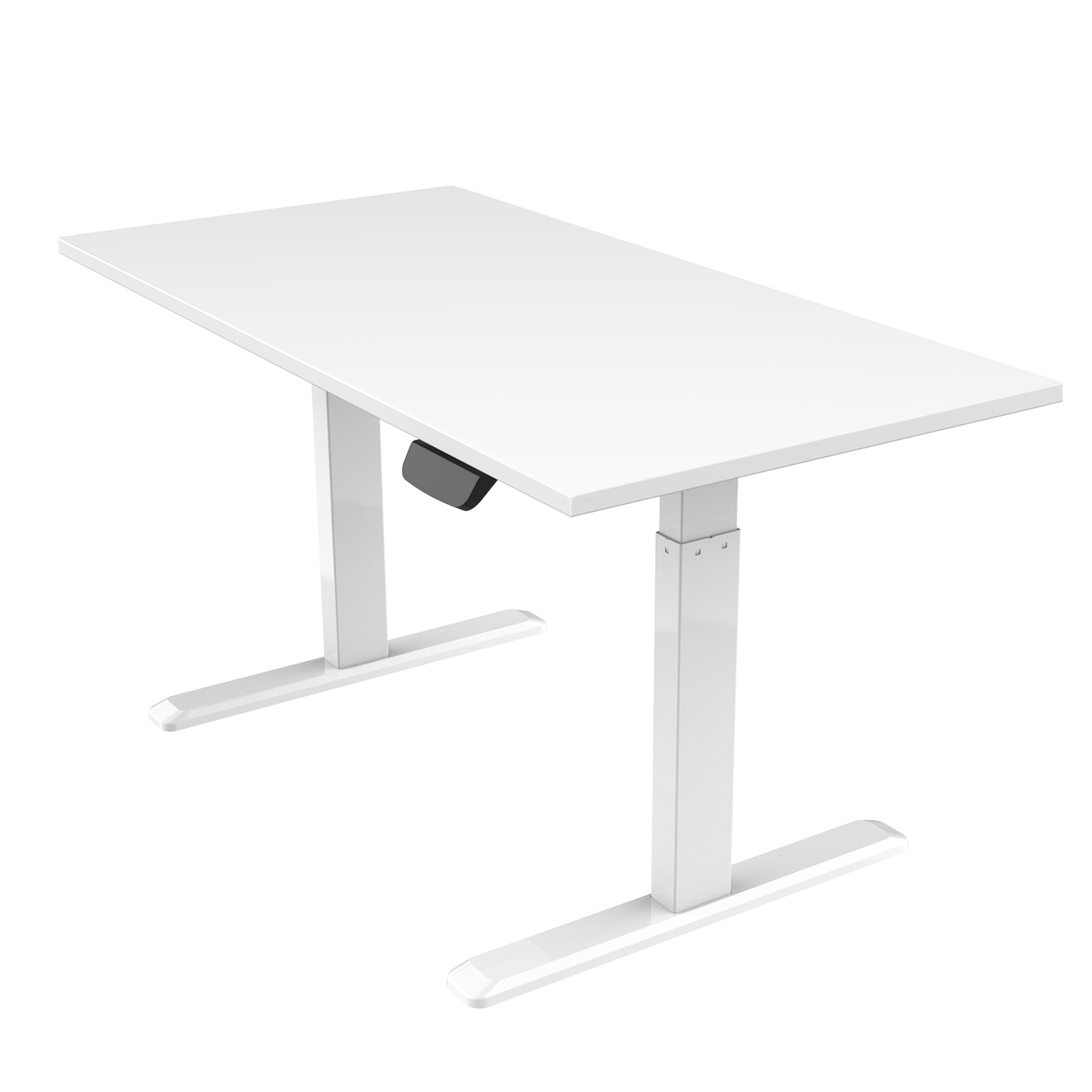 Escritorio de pie ajustable blanco con panel de control negro sobre fondo blanco.