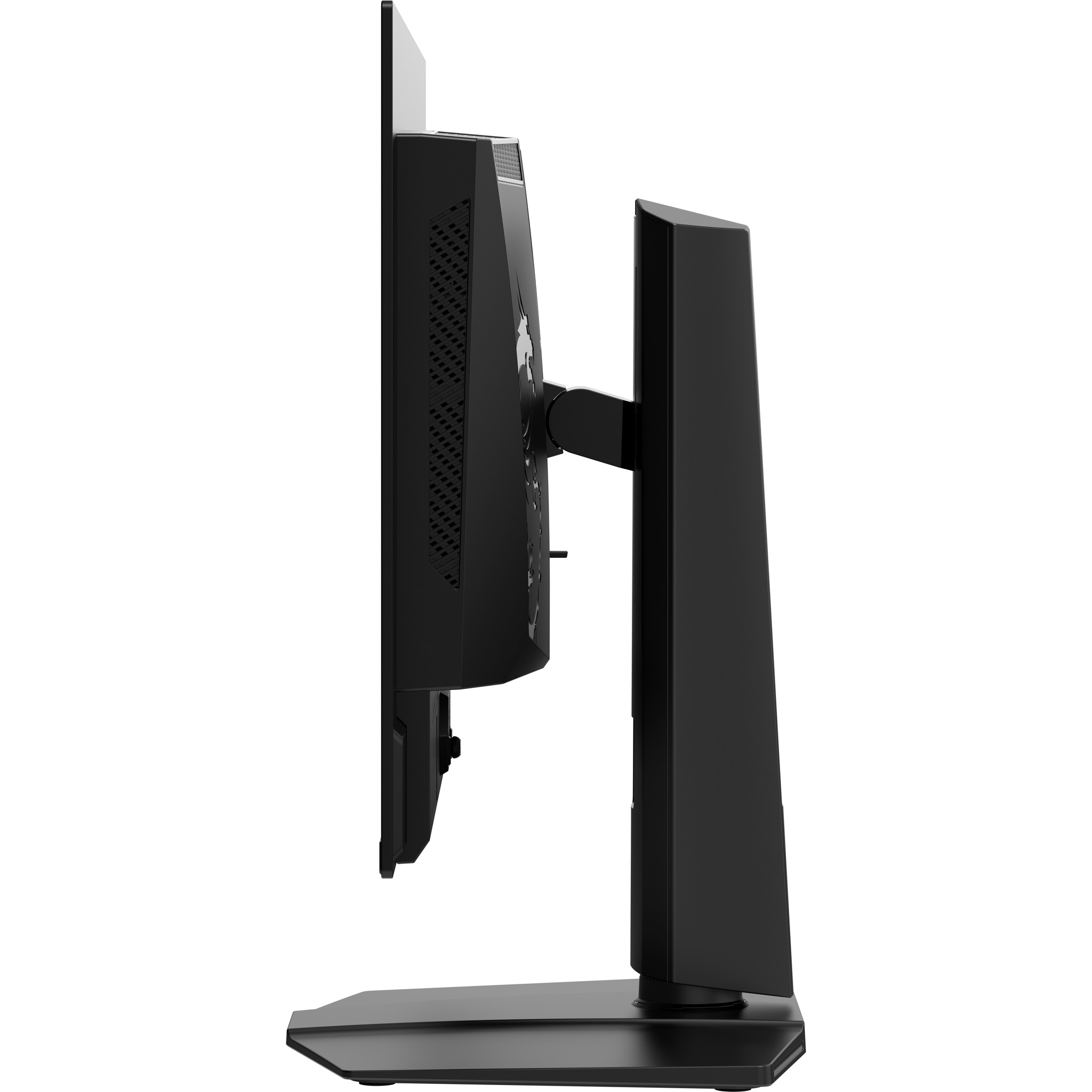 Czarny monitor, widok z boku, ze stojakiem. Tył ma wzór z logo.