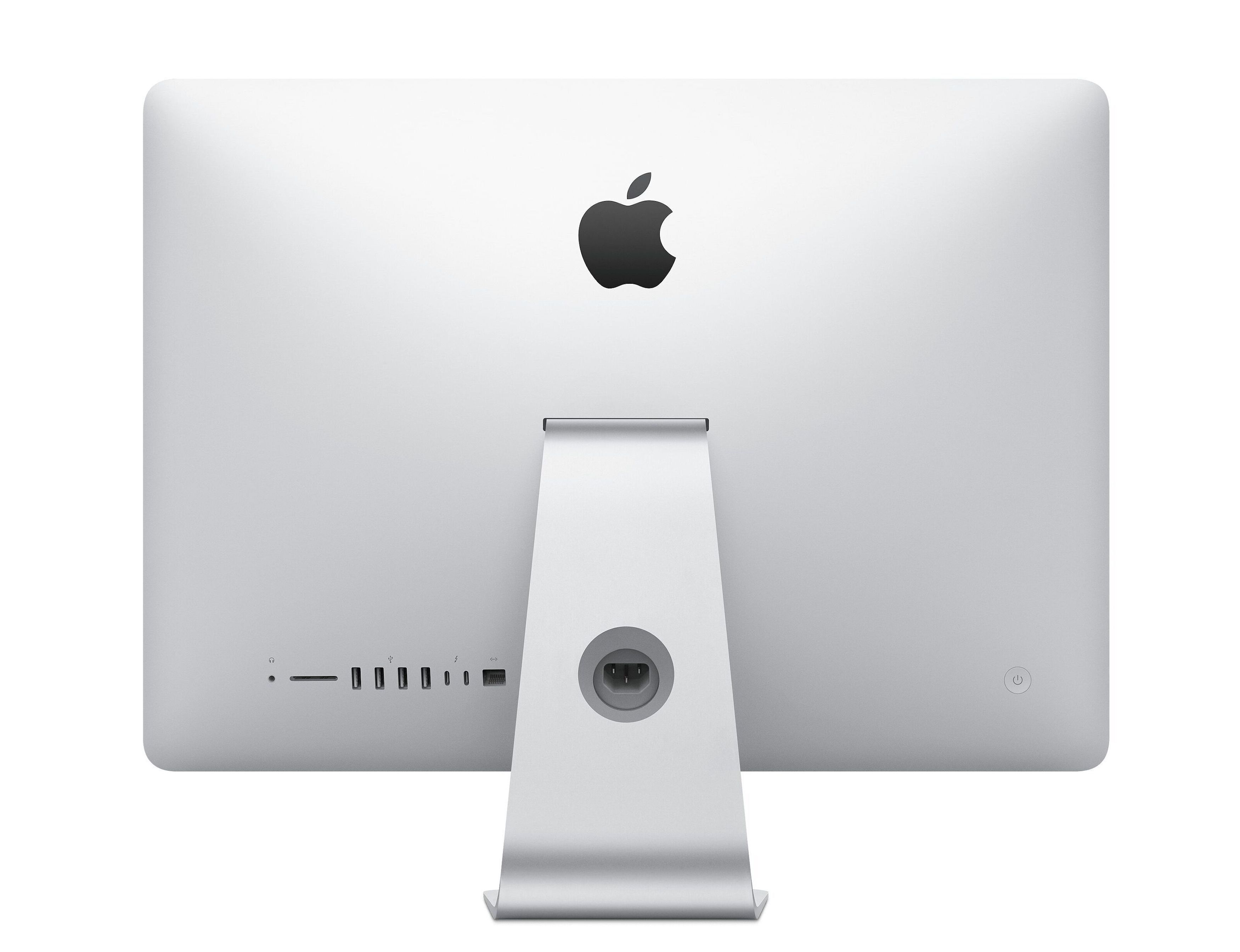 Retro di un computer iMac argento. Logo Apple centrato. Porte e supporto visibili. Sfondo bianco.