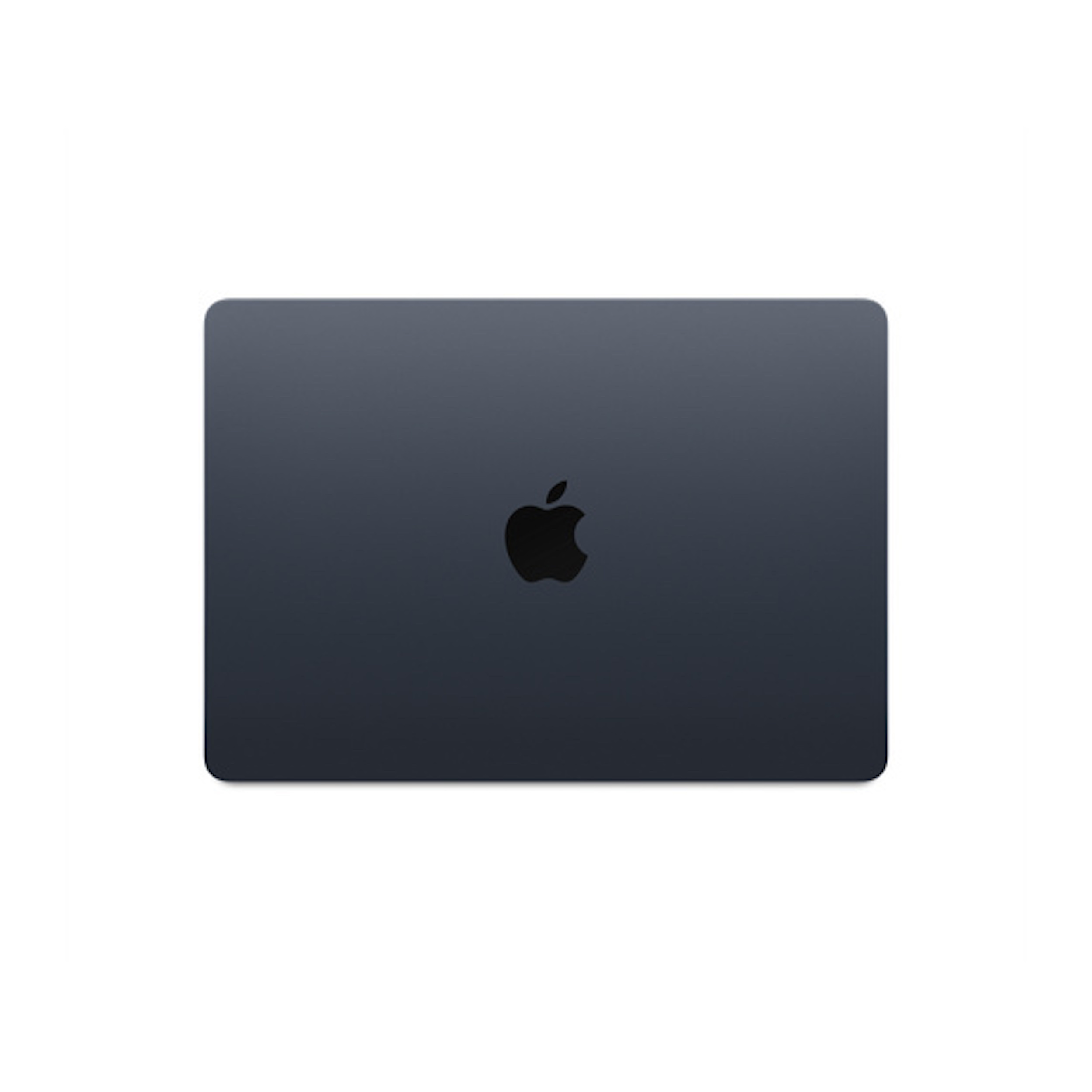 La parte trasera de un portátil Apple gris oscuro, con el logo de Apple en negro.