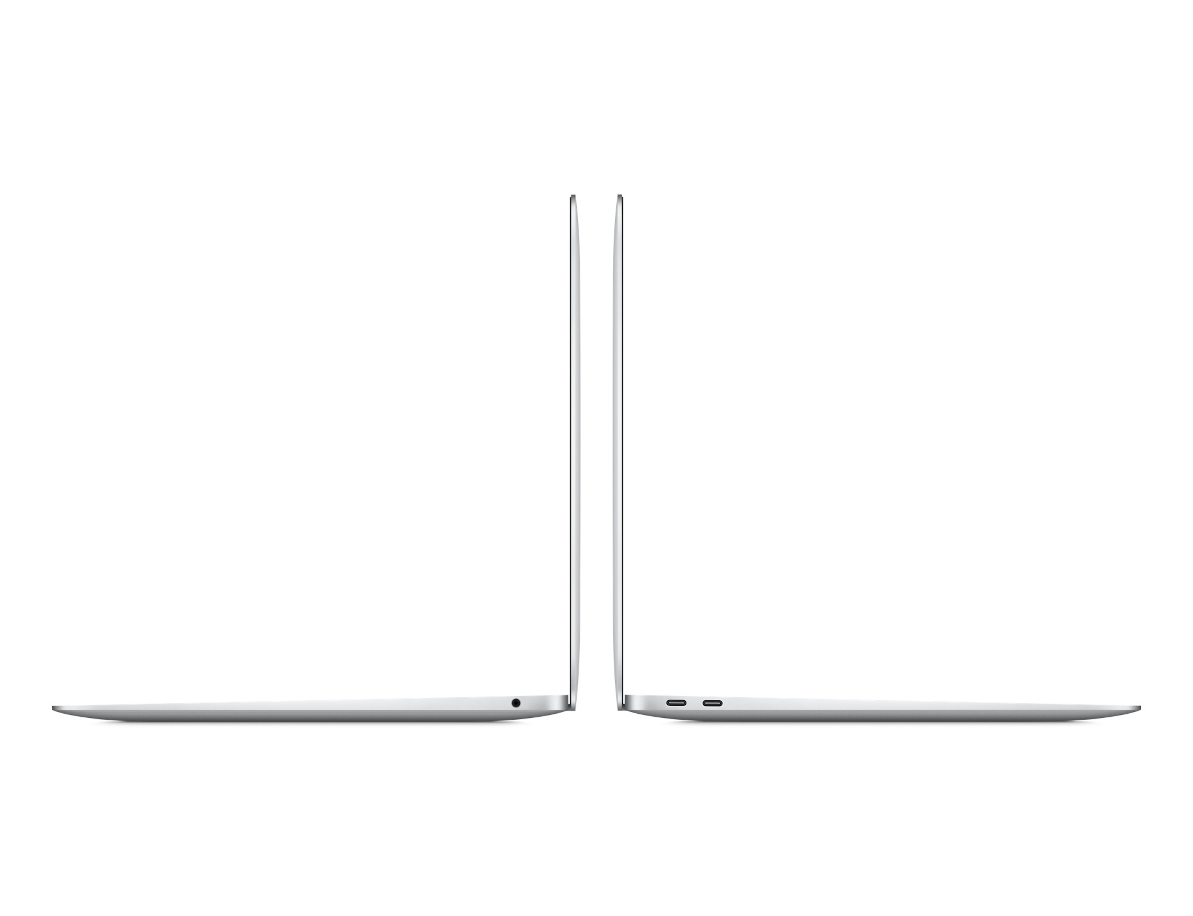 Dos portátiles plateados, uno junto al otro. Fondo blanco. Logotipo de Apple en la tapa visible.