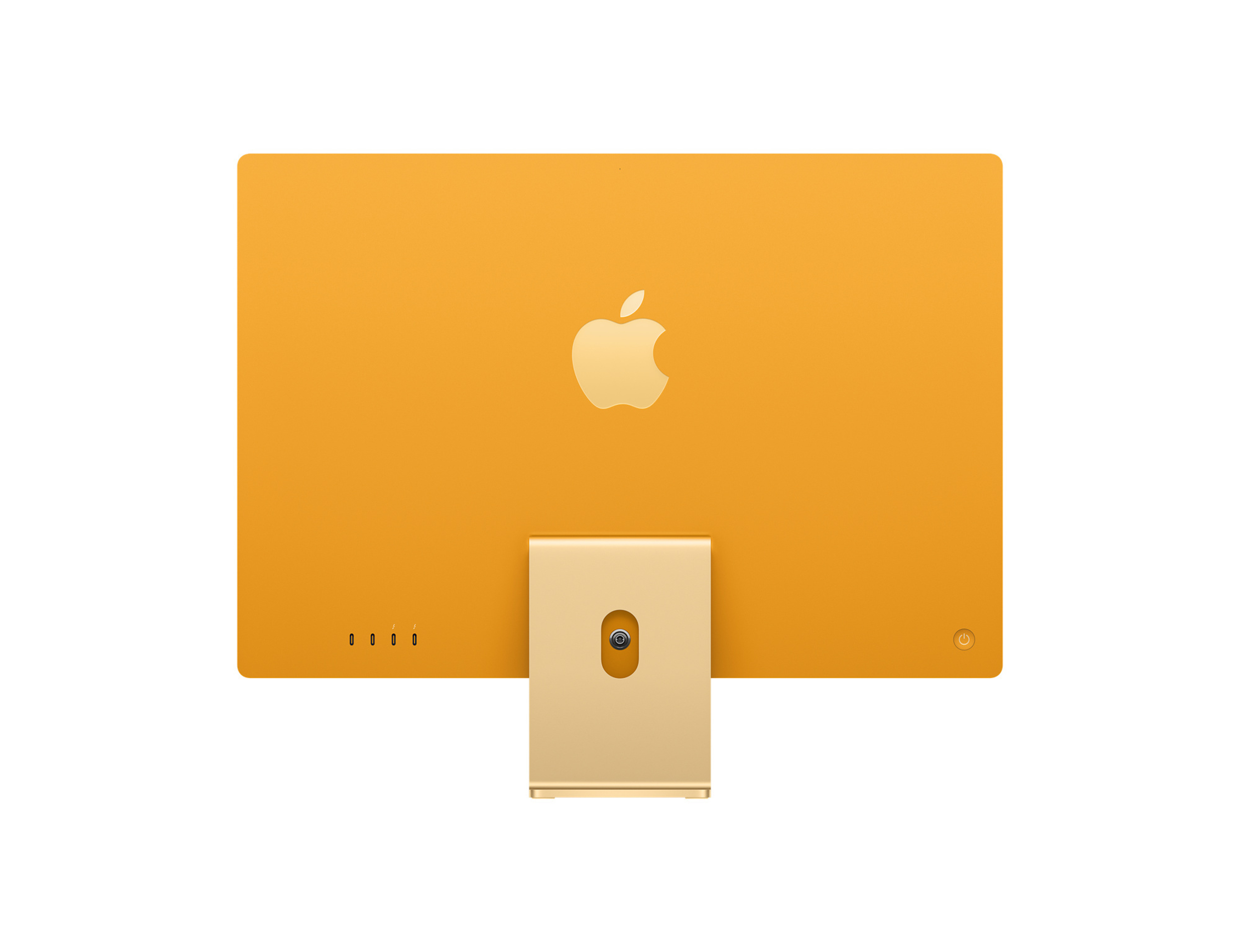 Vista trasera de un iMac dorado con el logo de Apple. Soporte y área de puertos dorados visibles.