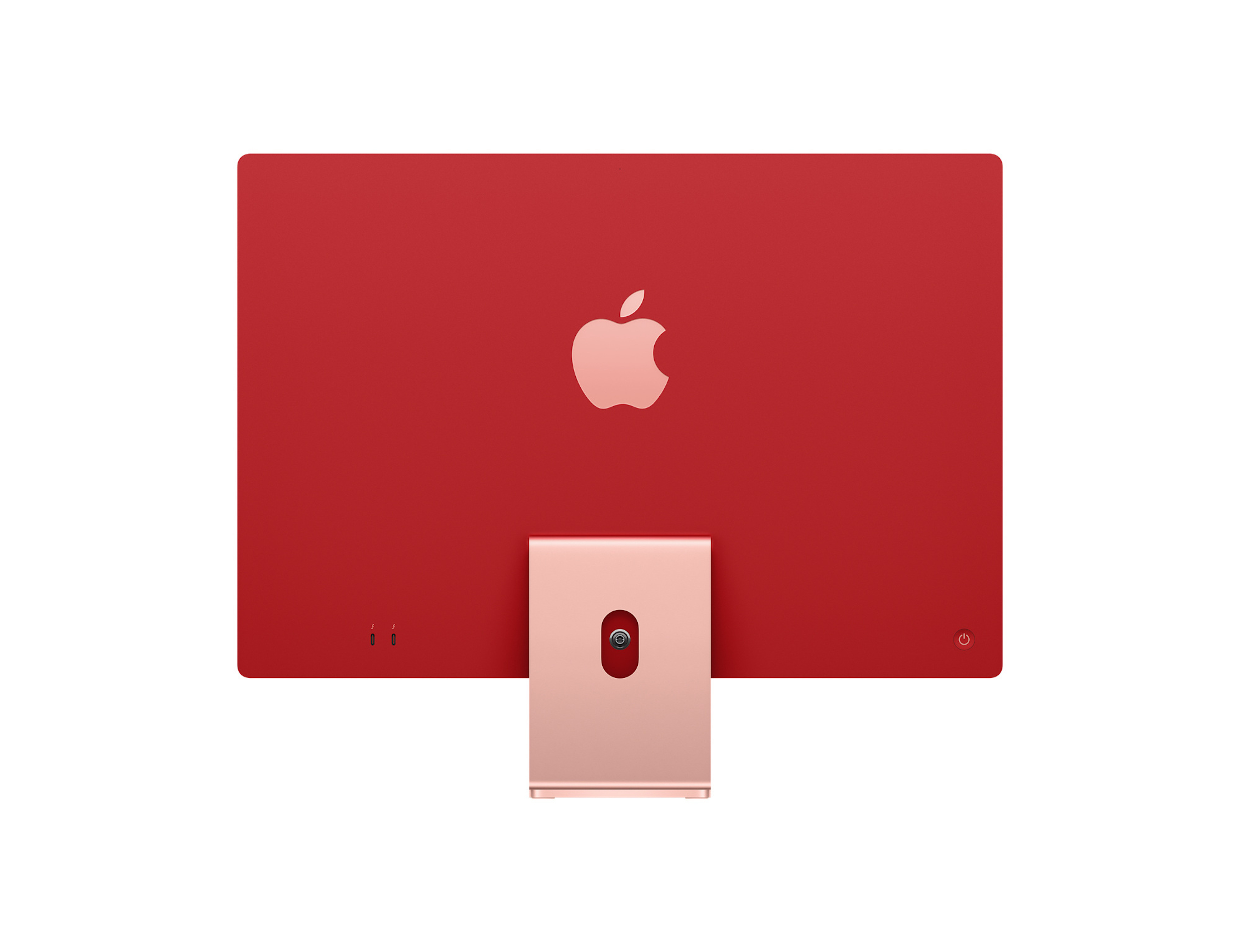 La parte trasera de una computadora Apple iMac roja, que muestra el logotipo de Apple y el soporte.
