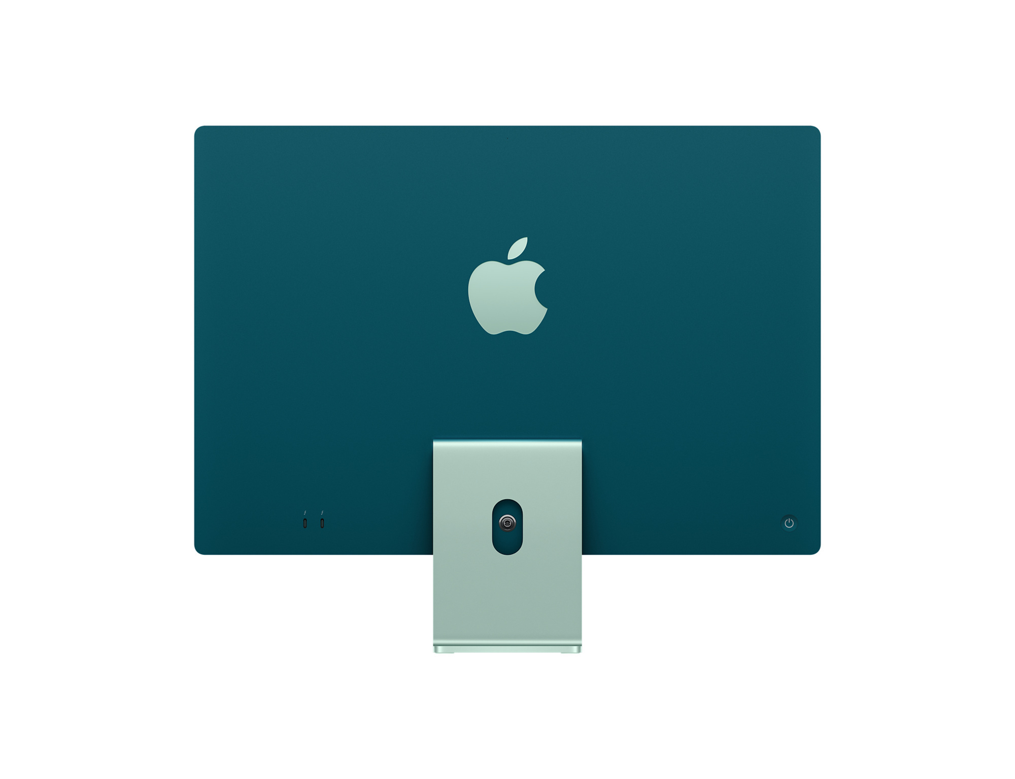 Vista trasera del iMac turquesa sobre un fondo blanco. Logotipo de Apple y puertos visibles.