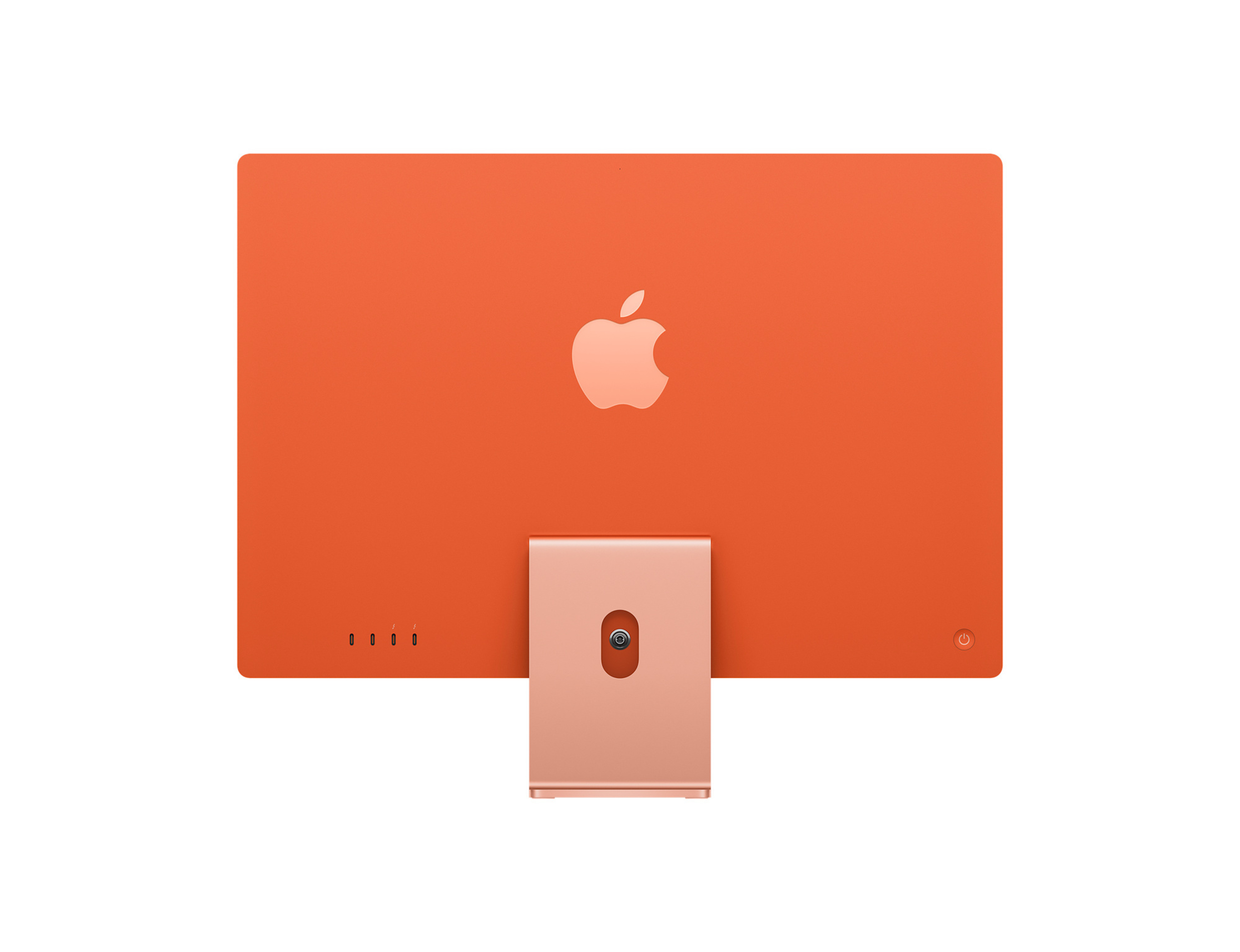 Vista trasera del ordenador iMac naranja de Apple. Logotipo de Apple y panel de puertos visibles.